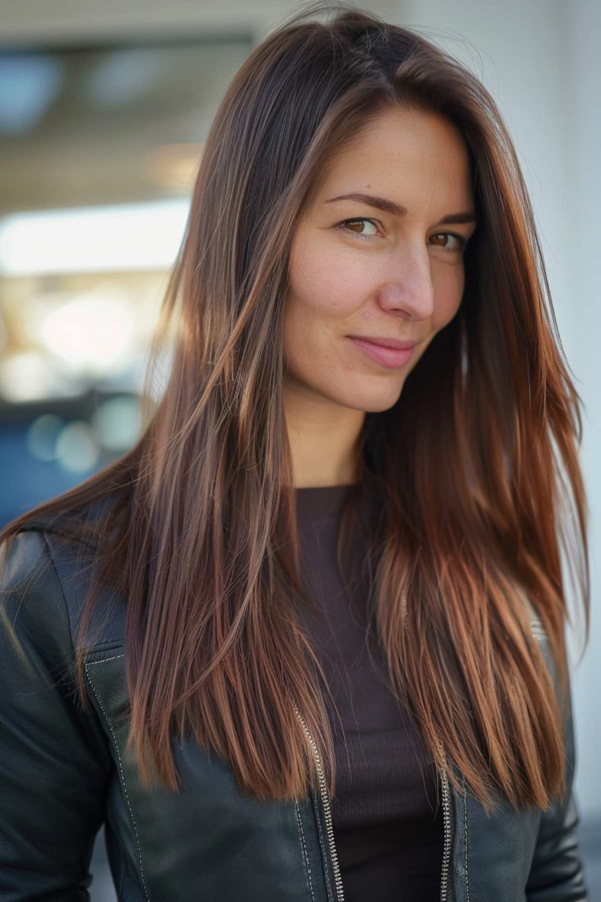 Woman with sleek straight hair in a biker jacket