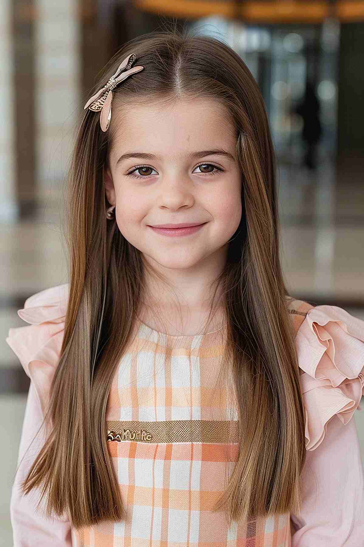 Young girl with sleek straight hair and a butterfly clip