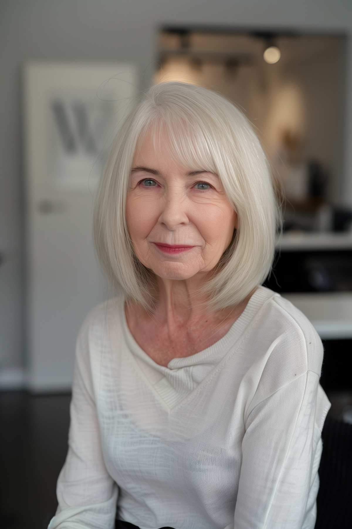 Older woman with sleek straight hair and a side fringe