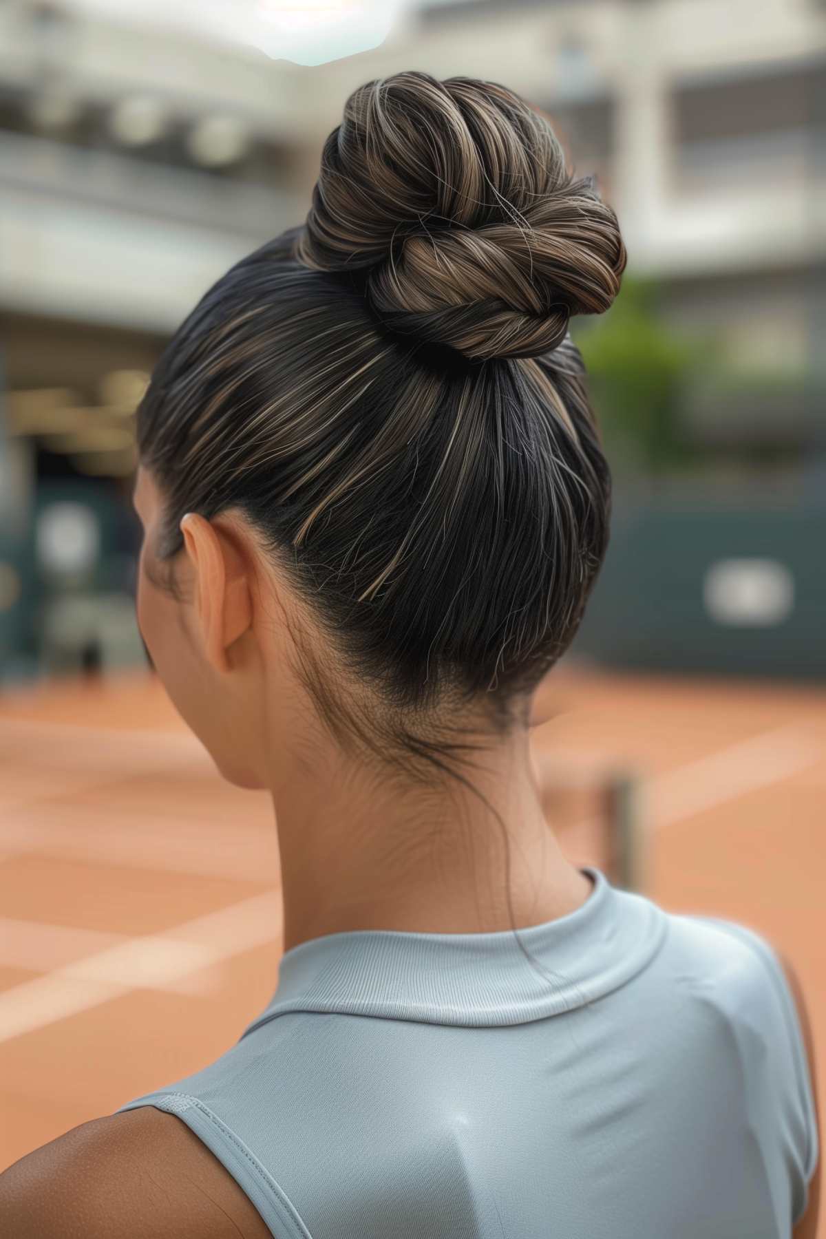 Sleek twisted bun hairstyle for thick hair on the tennis court