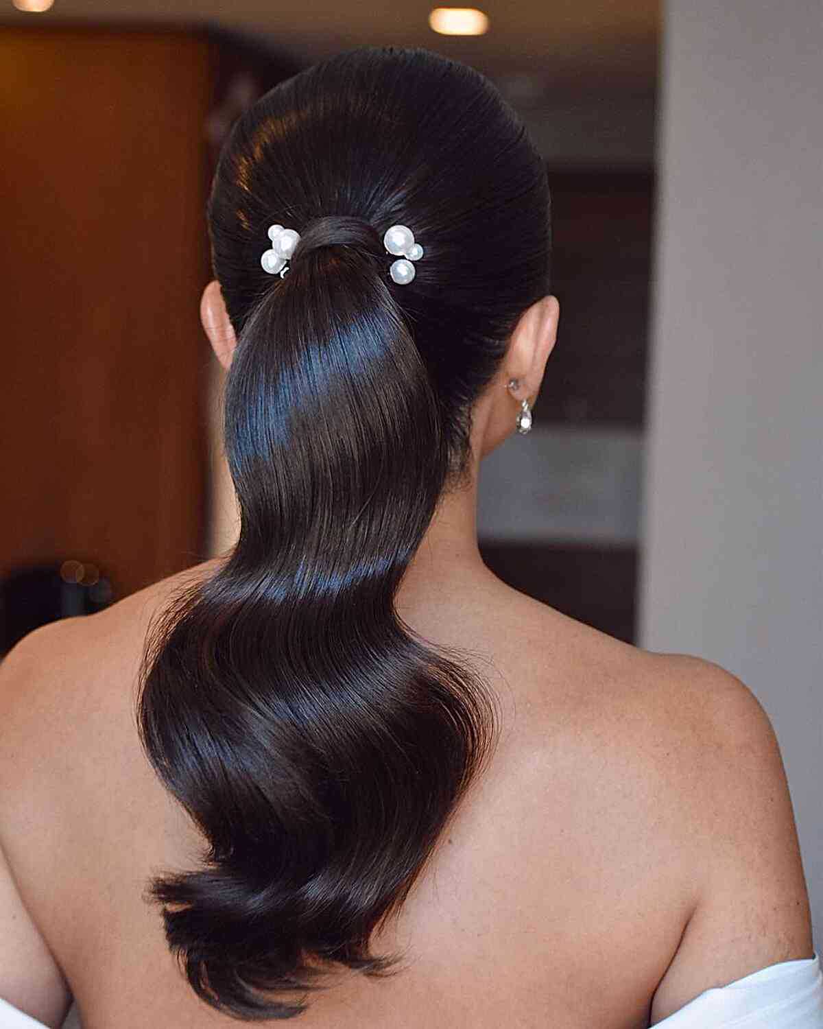 Sleek Waves on Black Ponytail Hair for Prom