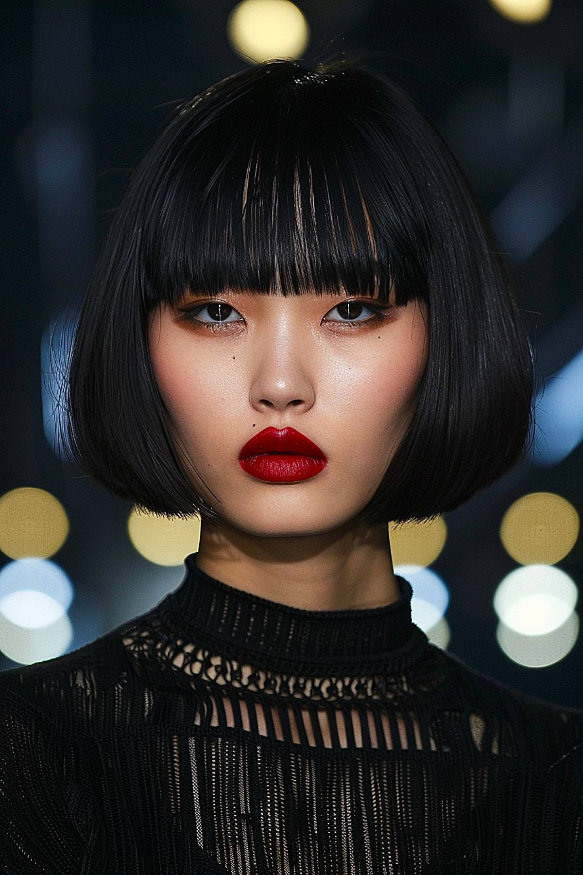 Sleek black bob with blunt edges and straight bangs