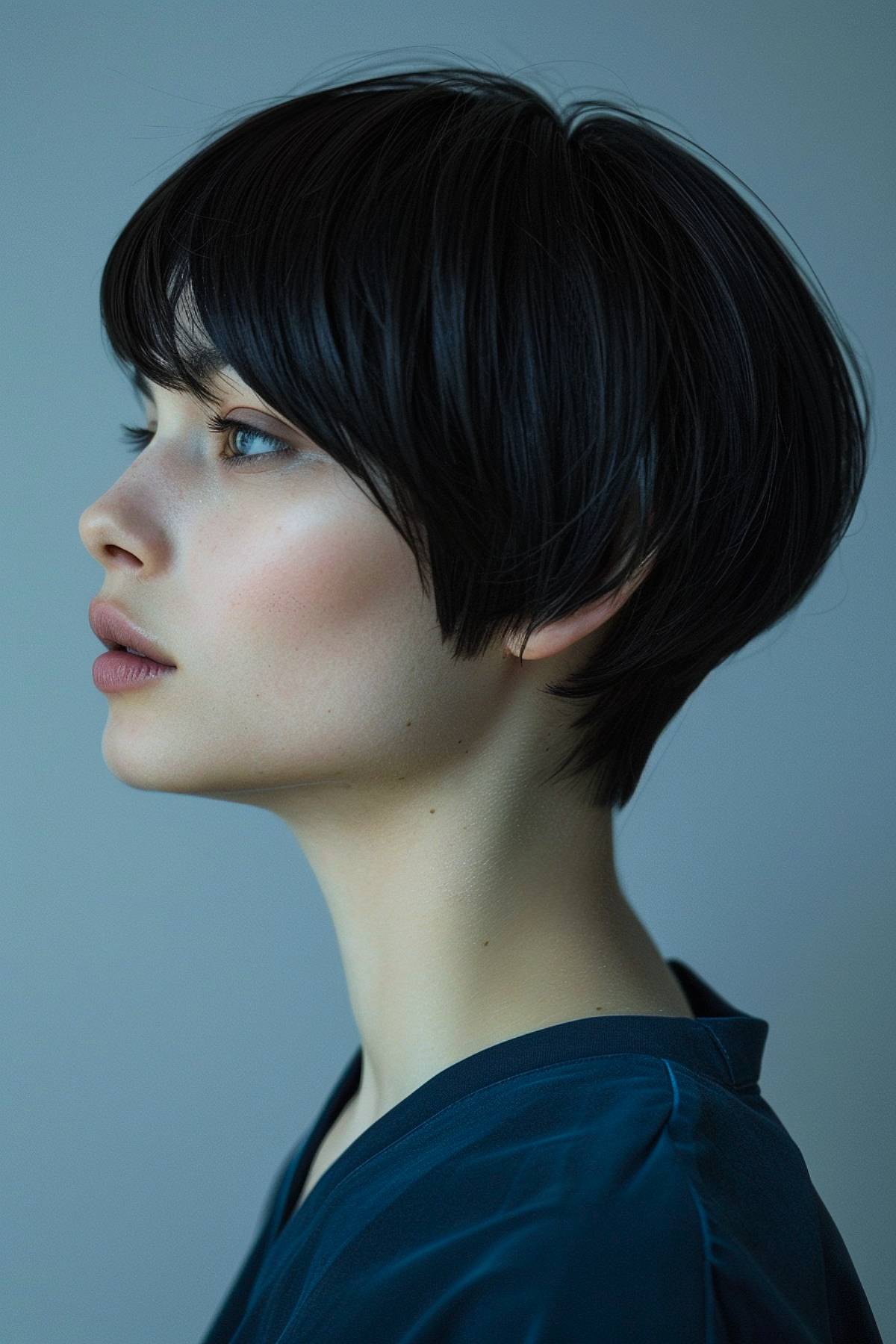 Sleekura haircut featuring a short, feathered pixie with an asymmetrical design and jet-black finish