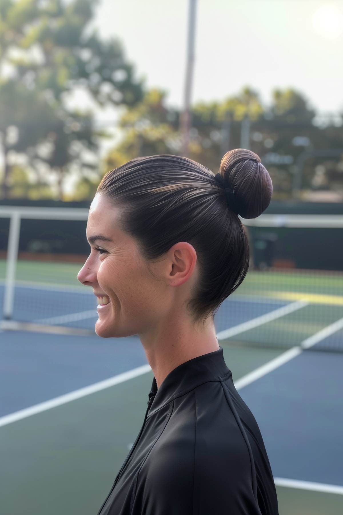 Slick back simple bun for a sleek look on the tennis court