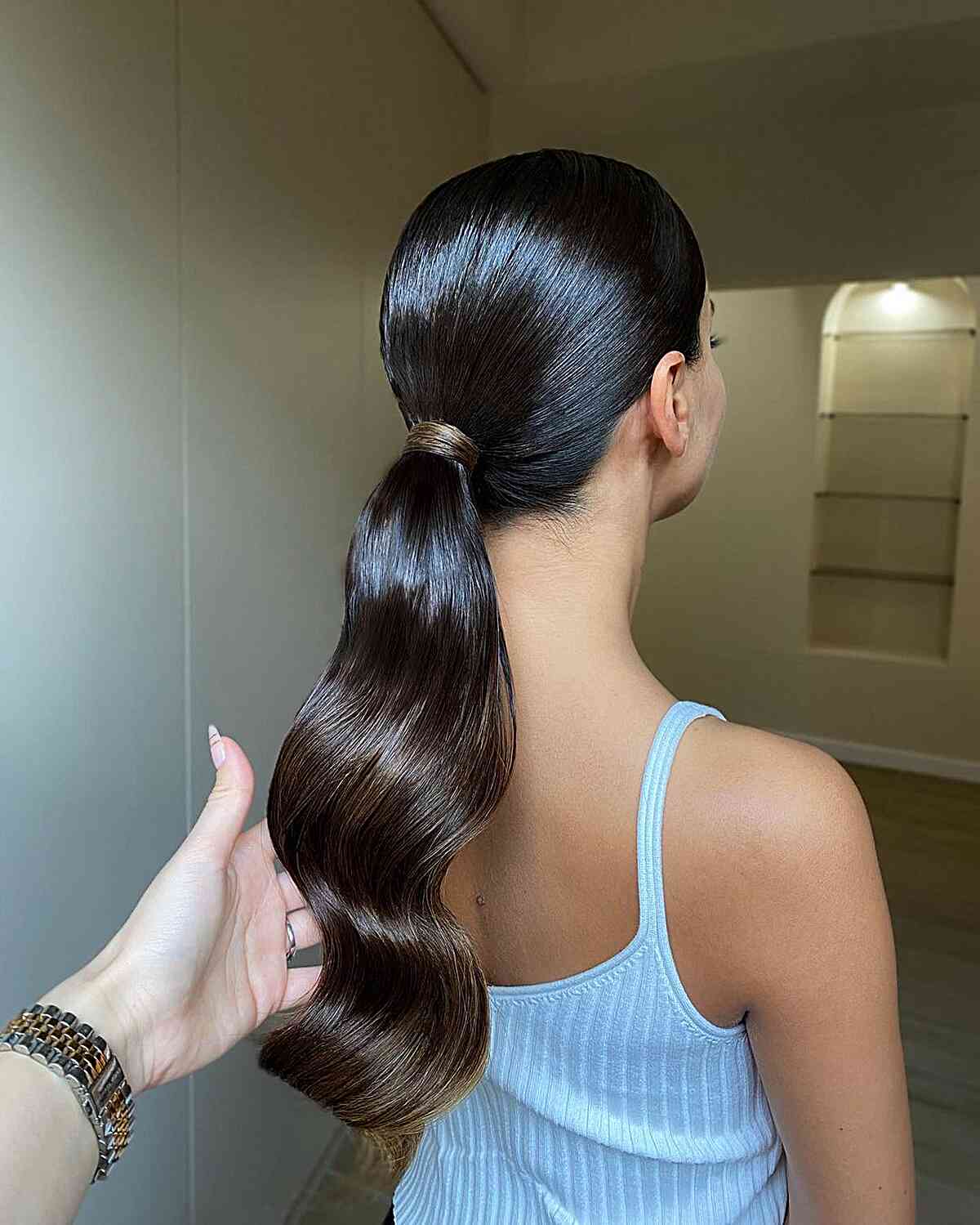 Slicked Back Low Pony for Long Dark Hair