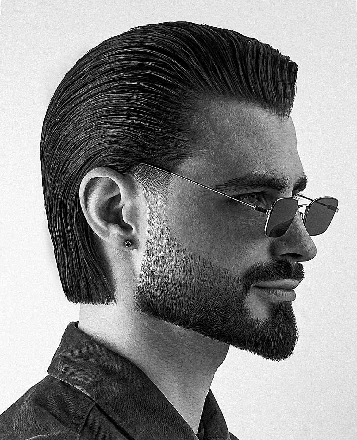 Slicked Back with Precision for Men with sharp edges and a beard