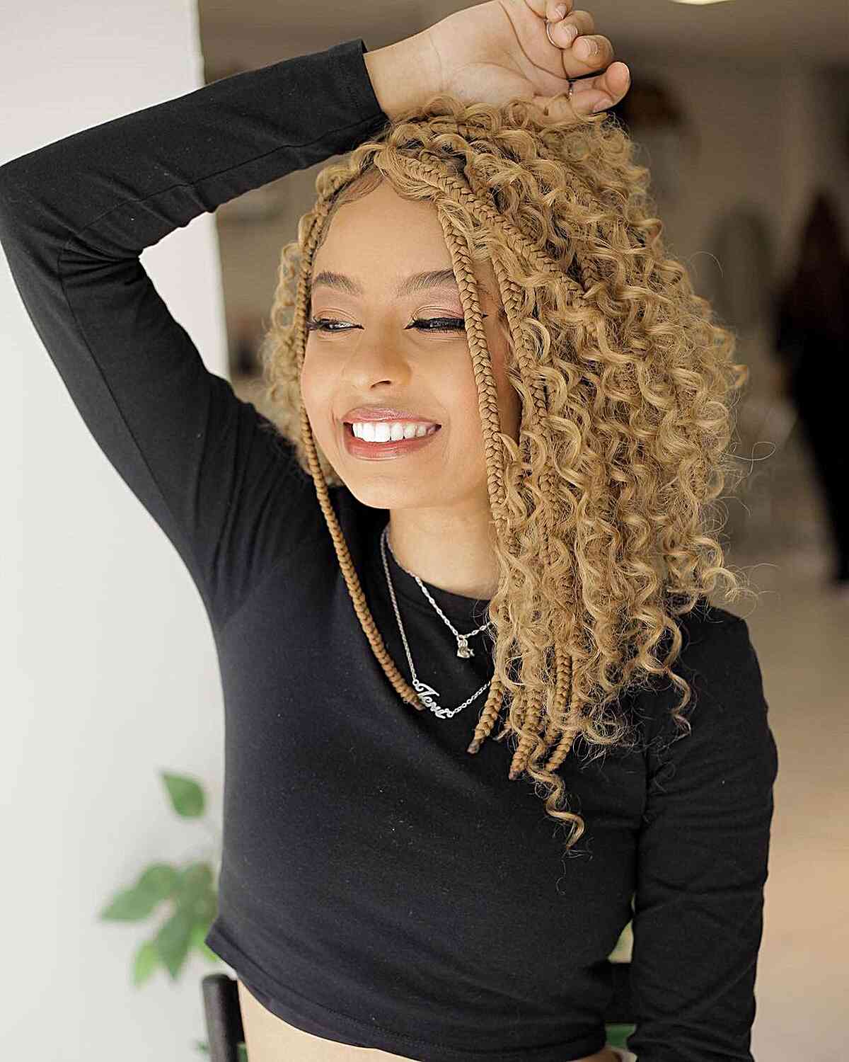 Small Blonde Box Braids with Curls for mid-length hair