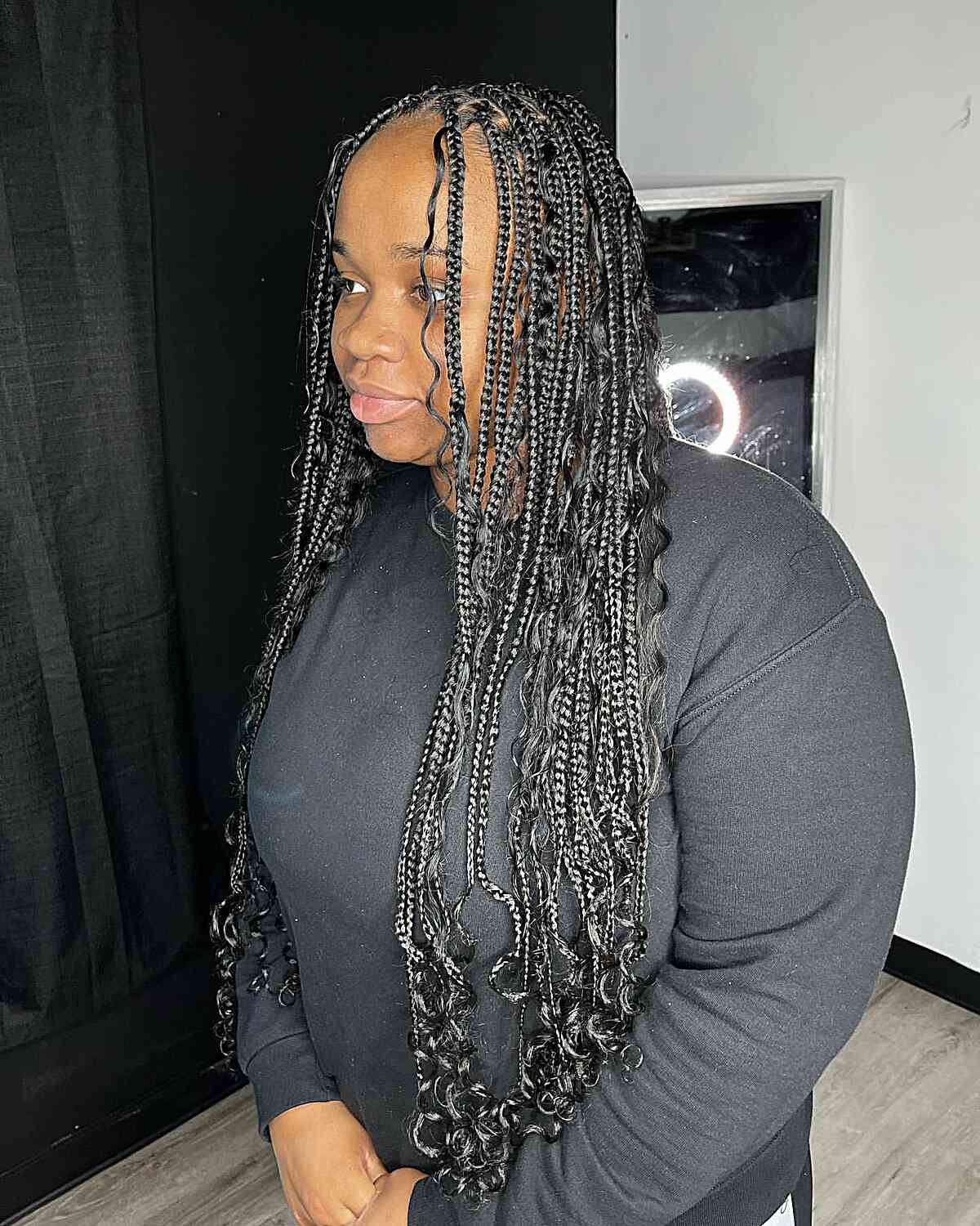 Long Small Knotless Goddess Box Braids with Curled Ends