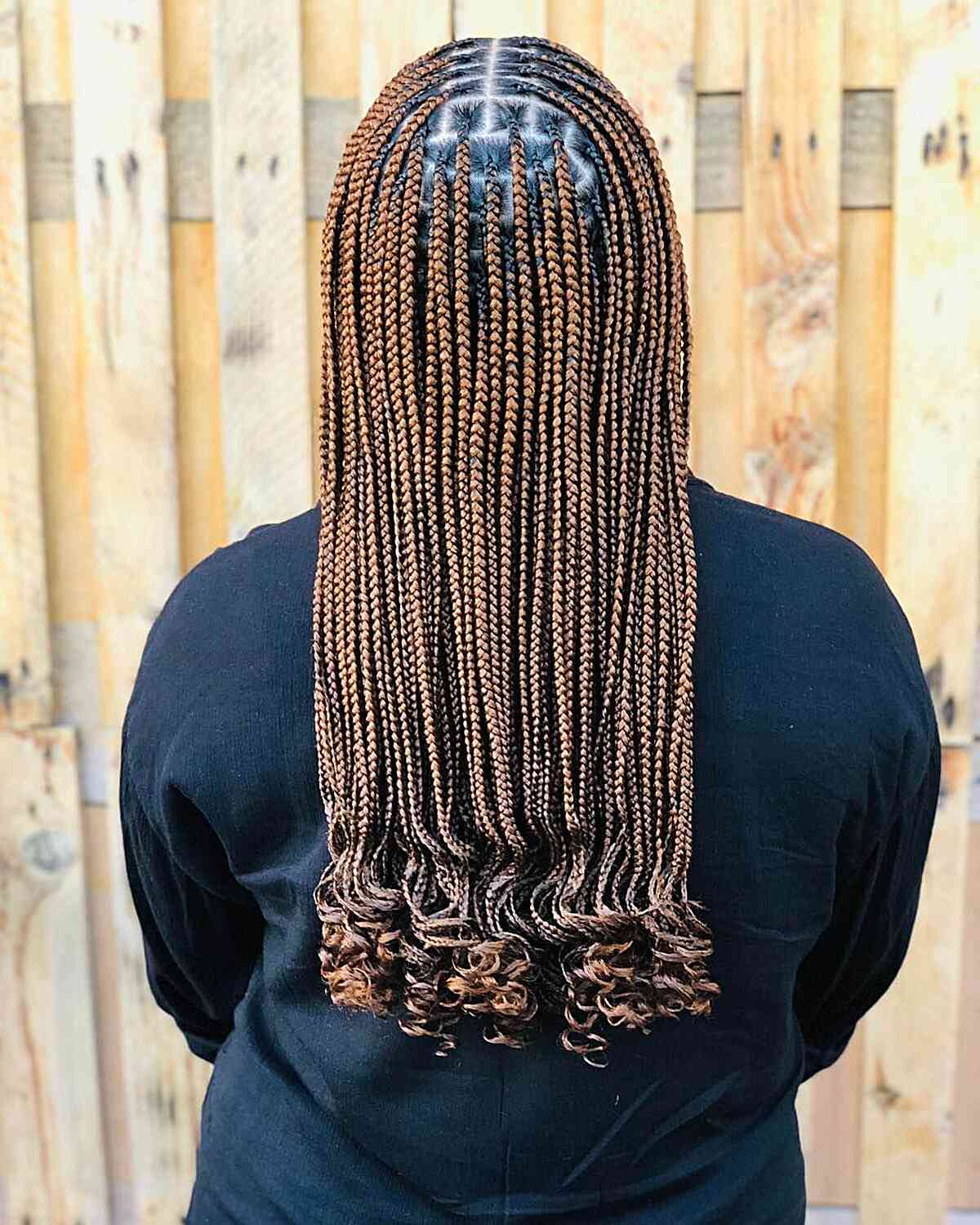 Small No-Knots Light Brown Box Braids with Curled Ends