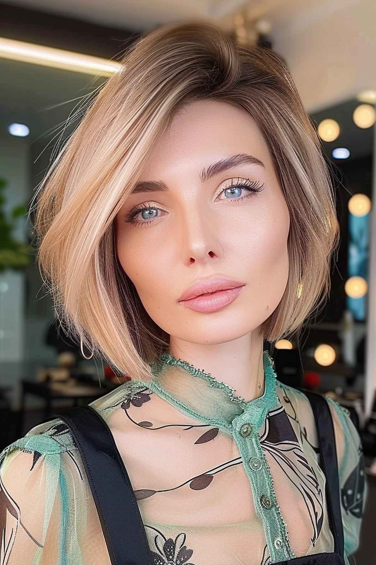 Smashing short blunt cut bob with a deep side part and blonde highlights