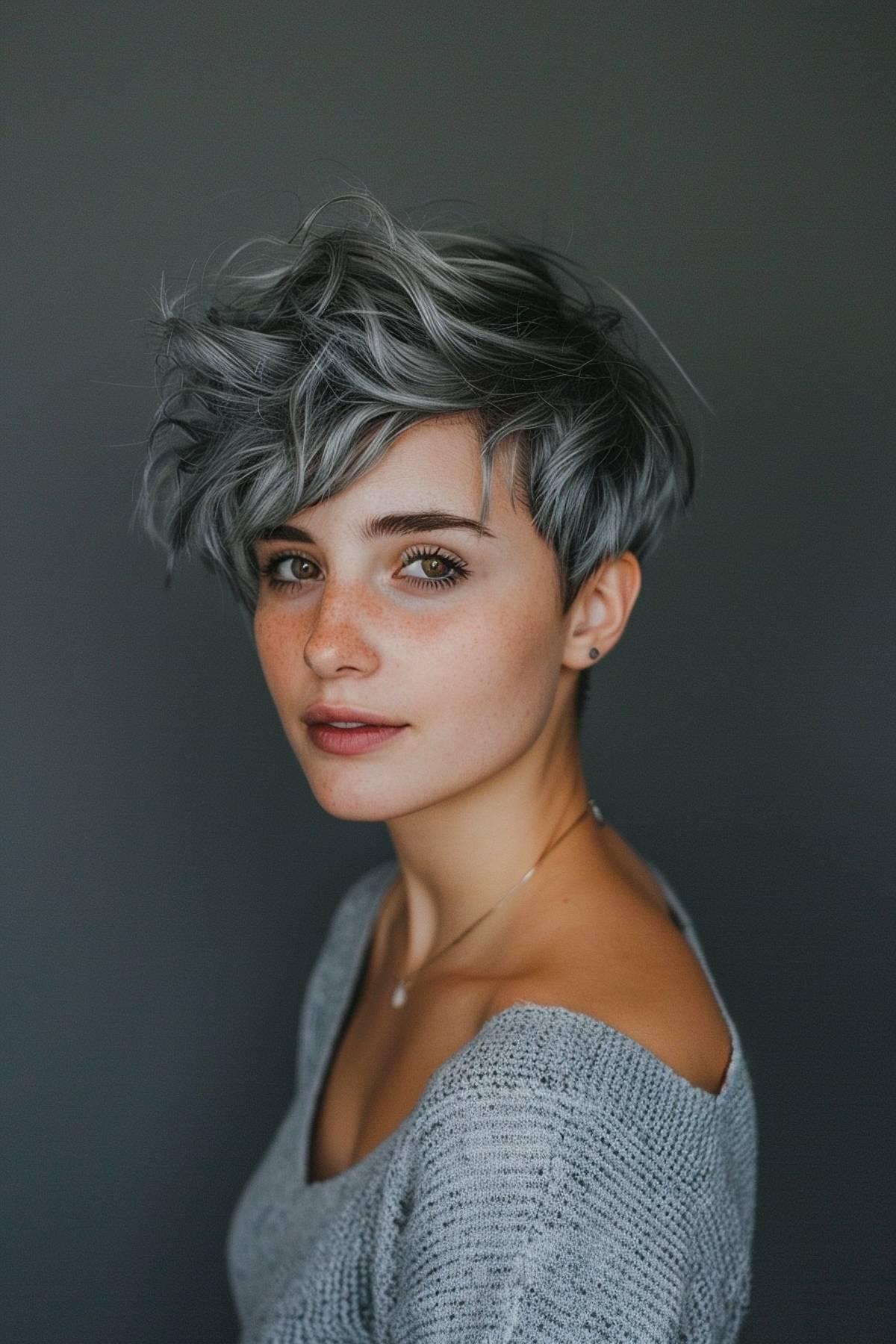 Smokewisp pixie hairstyle featuring silver tones and textured layers