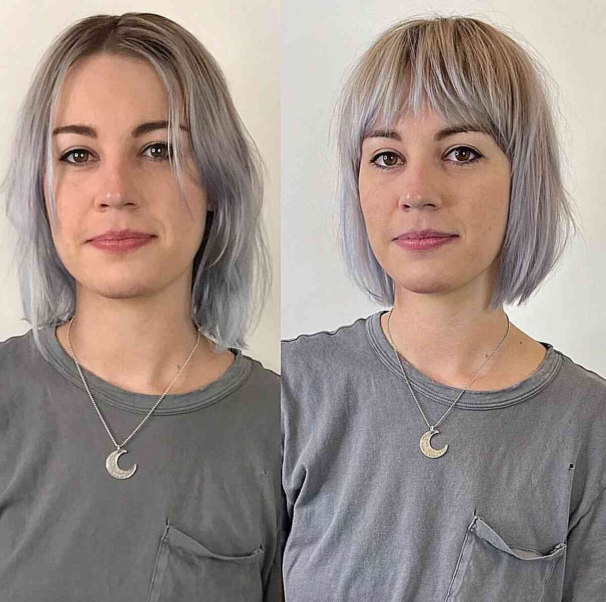 Smokey Grey Neck-Length Bob with bangs for ladies with oval faces