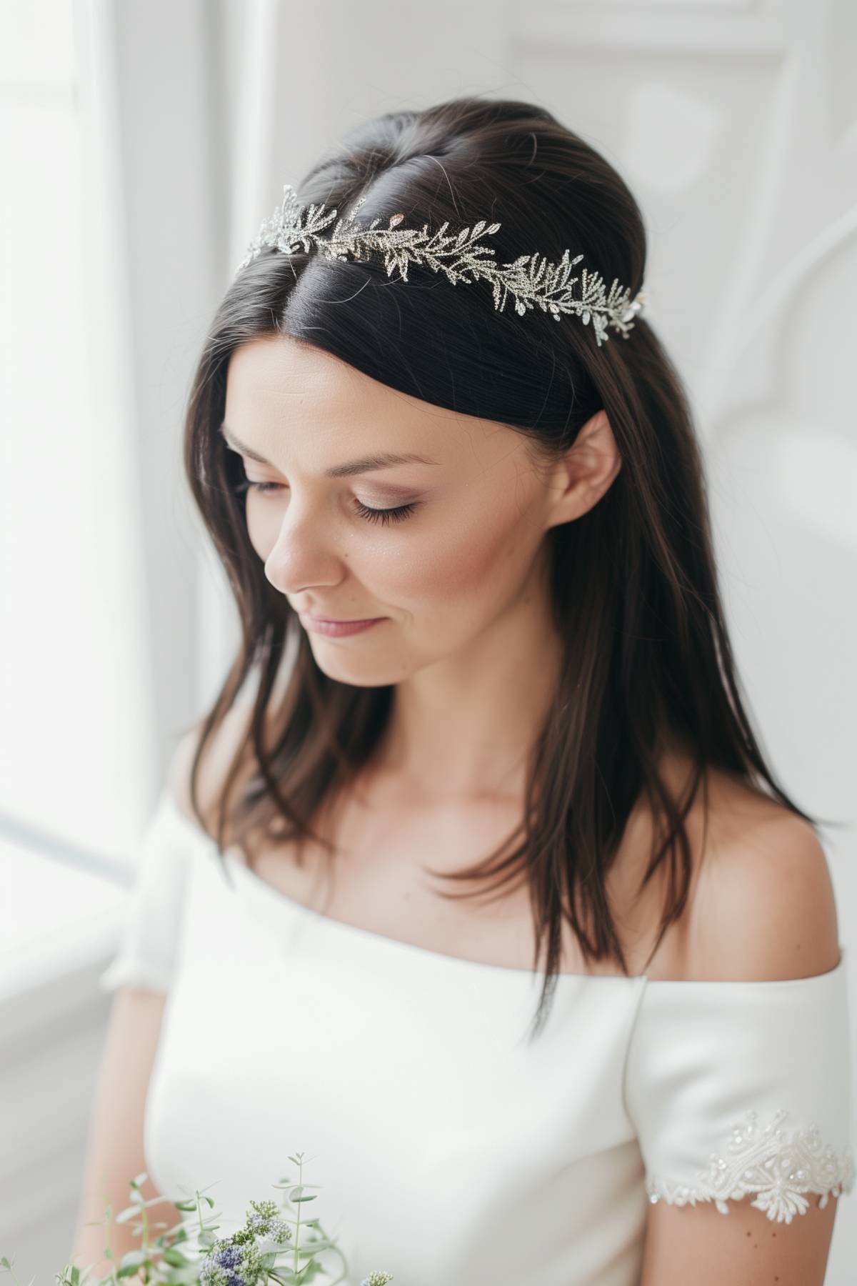 Bride wearing a smooth, sleek bob hairstyle enhanced with a delicate tiara, epitomizing classic elegance for a wedding.