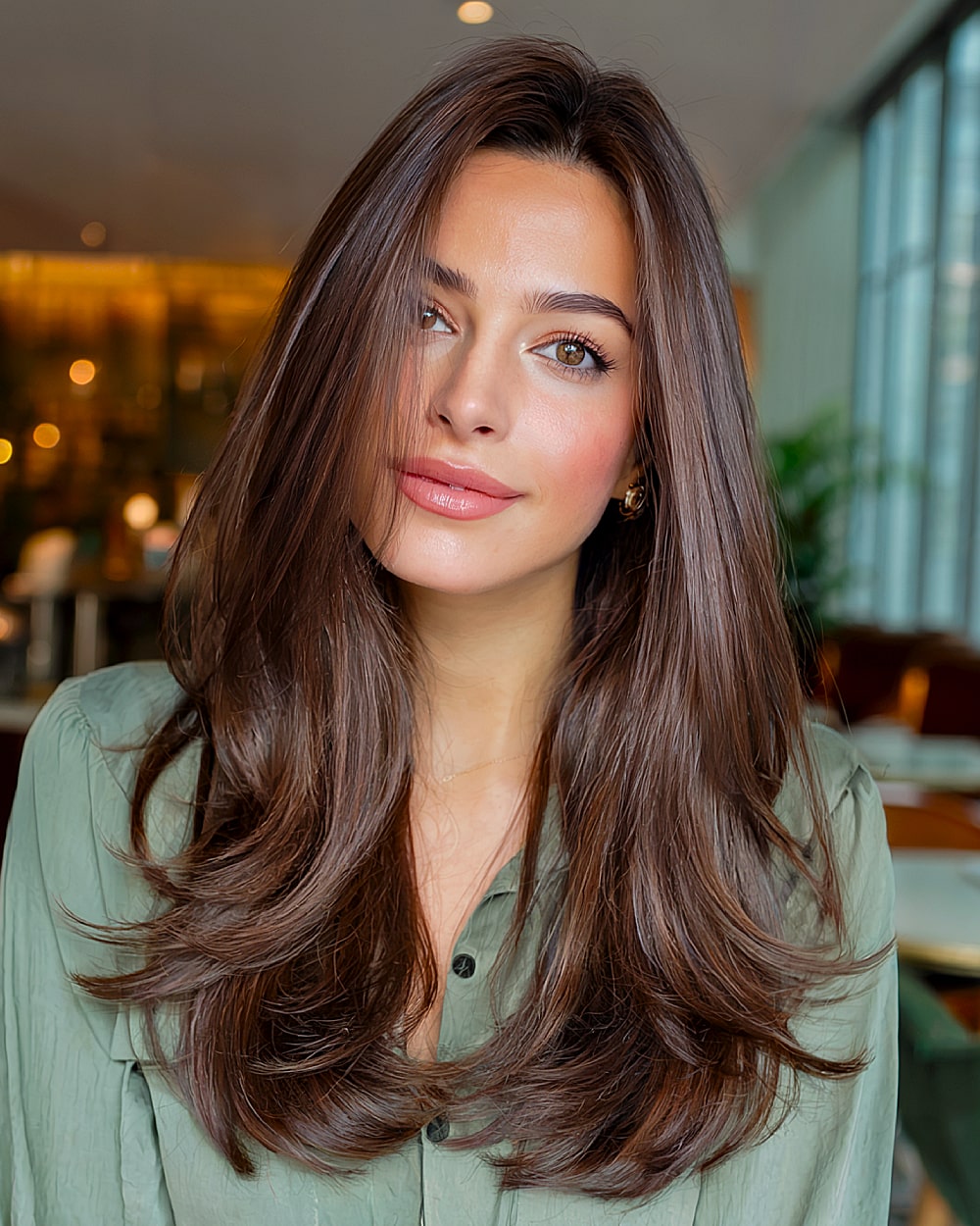 Smooth chocolate brown long layered haircut with polished finish and subtle face framing