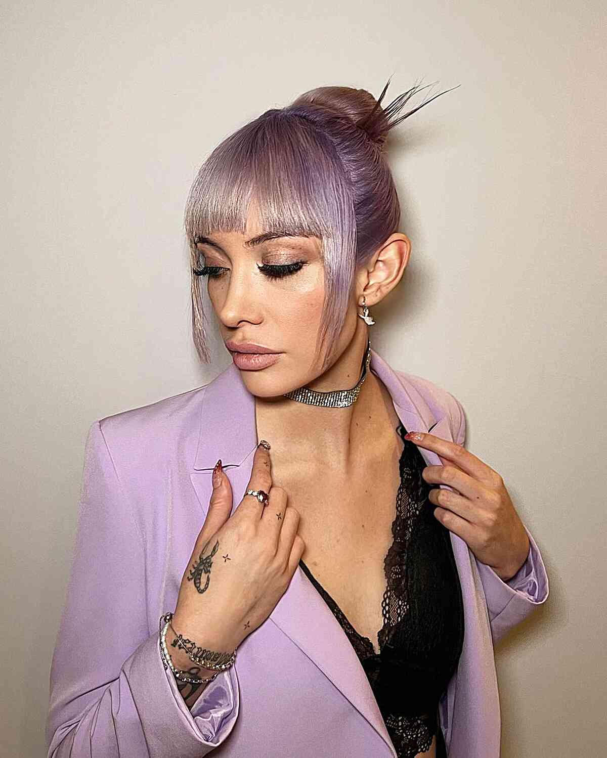 Grey-Purple Smooth Knot Updo with Blunt Bangs