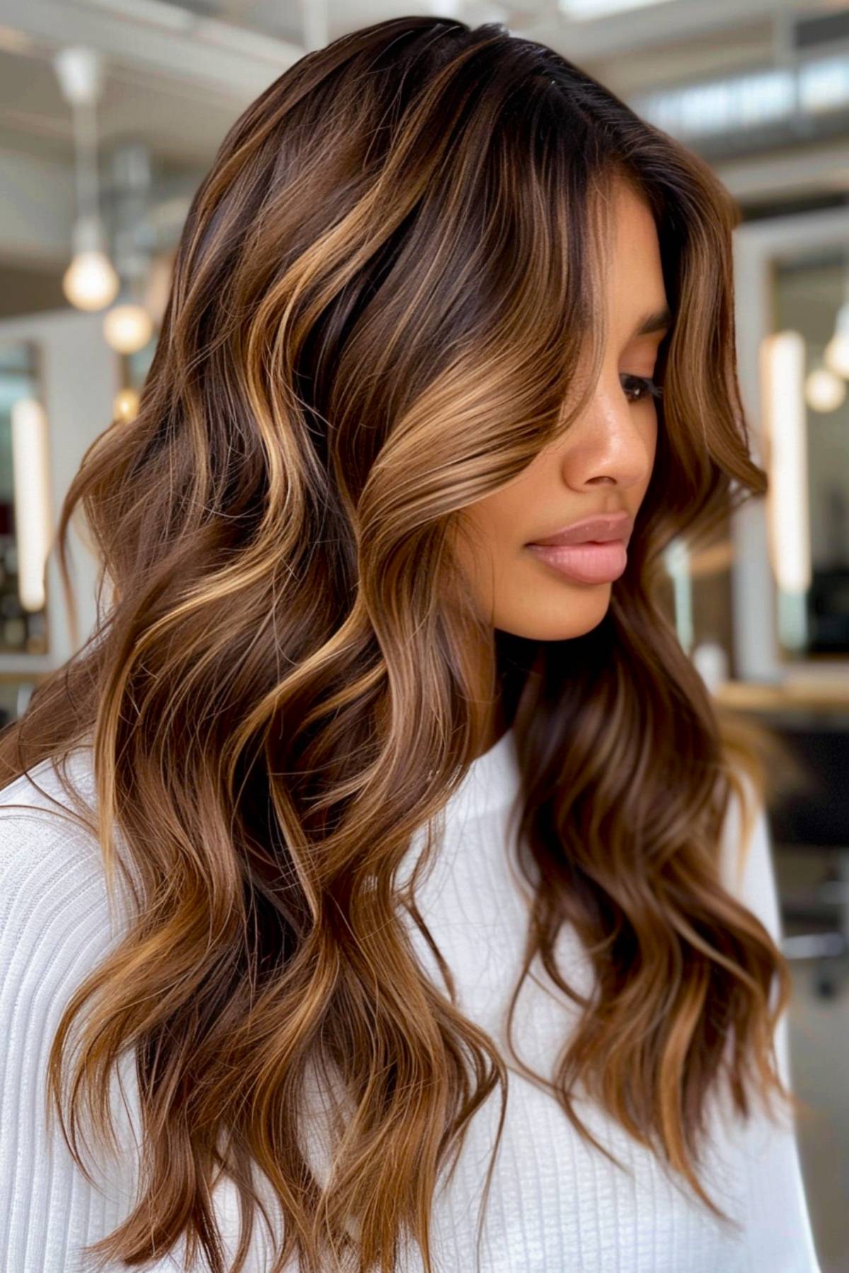 Dark brown hair with smoky caramel and golden highlights, styled in soft Hollywood waves for an elegant finish