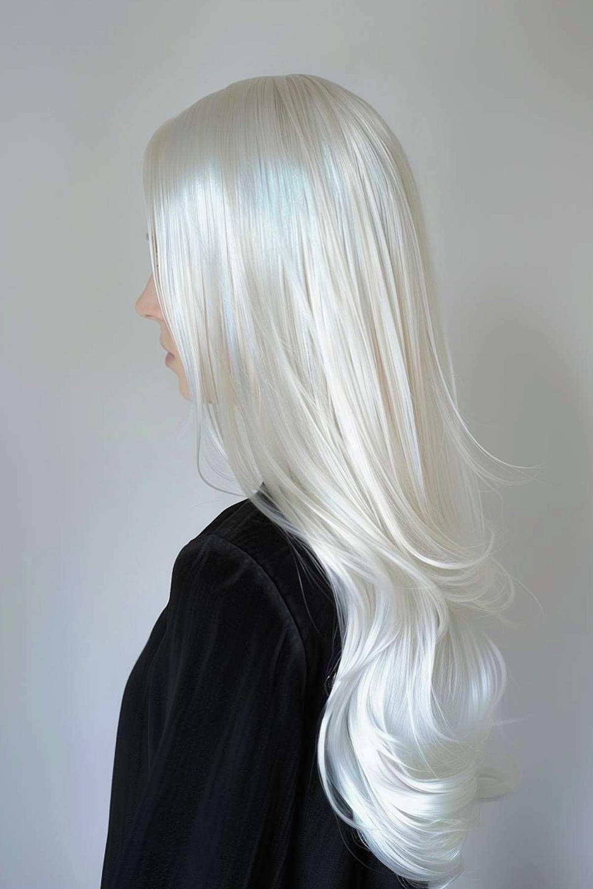 Snow-white sleek hair with long layers