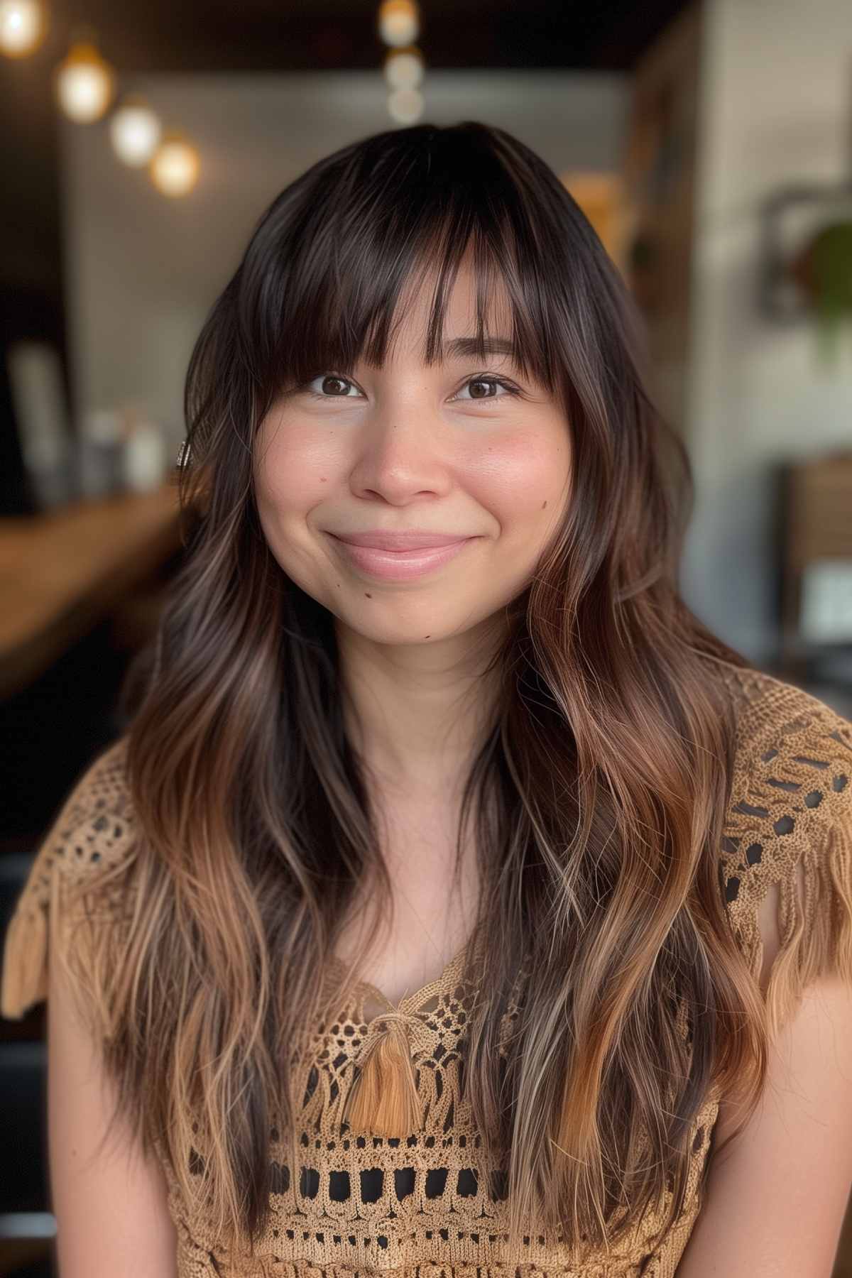 Woman with soft bangs, long layered hair, and warm highlights