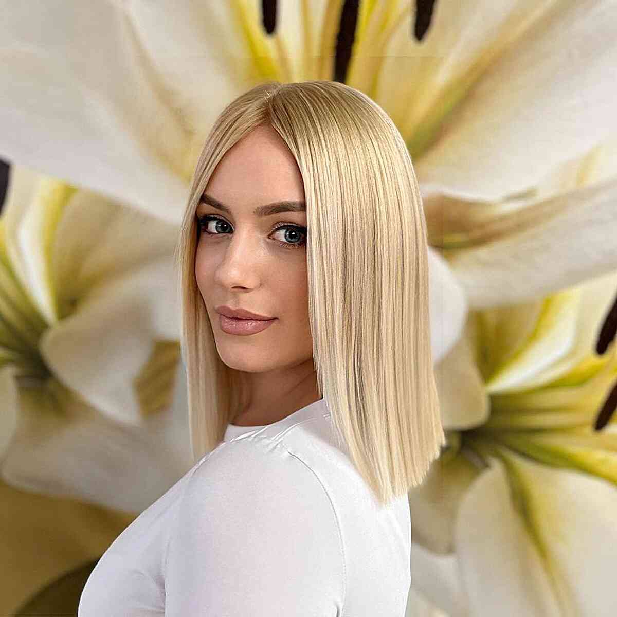 Soft Blonde Blunt Lob with No Fringe and Middle Part