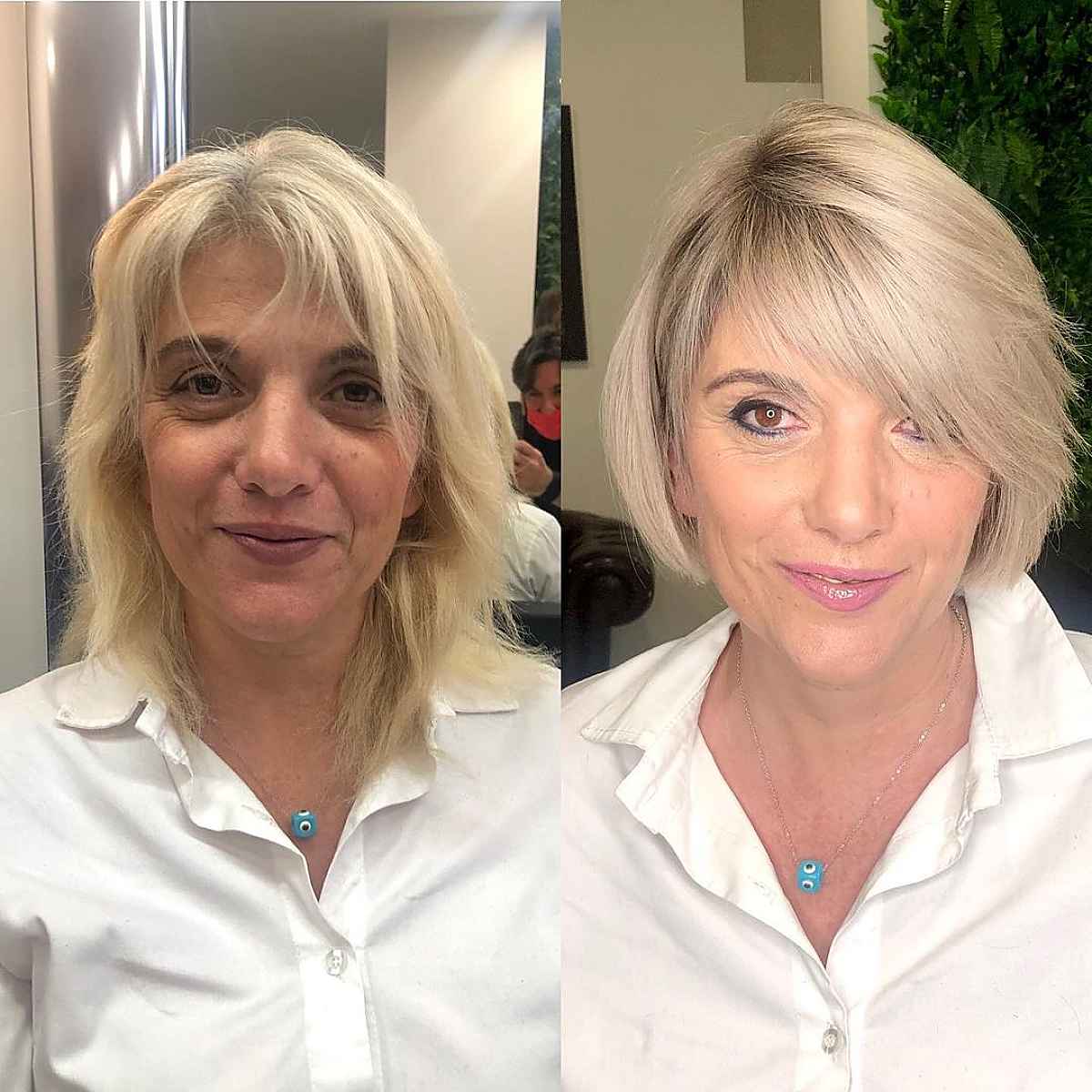 soft blonde bob with side bangs for older women