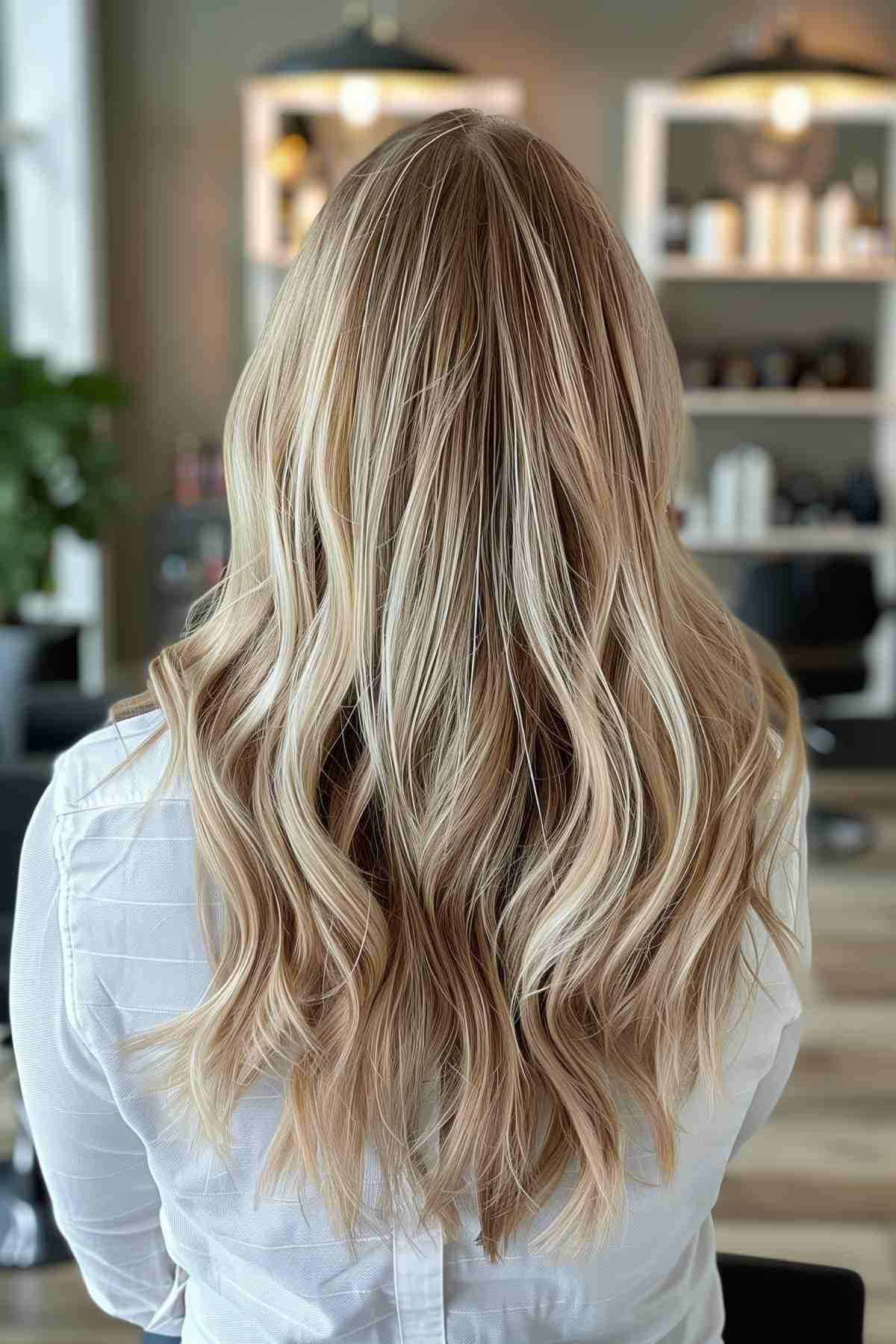 Back view of soft blonde waves with dimensional lowlights