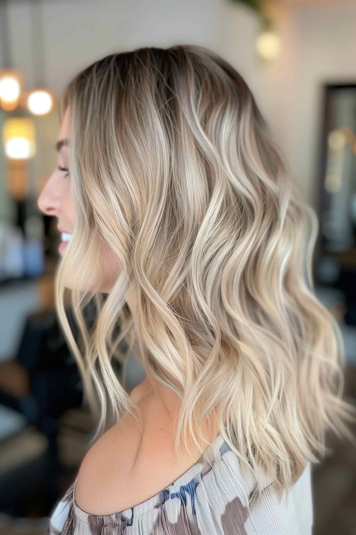 Side view of soft blonde waves with root melt