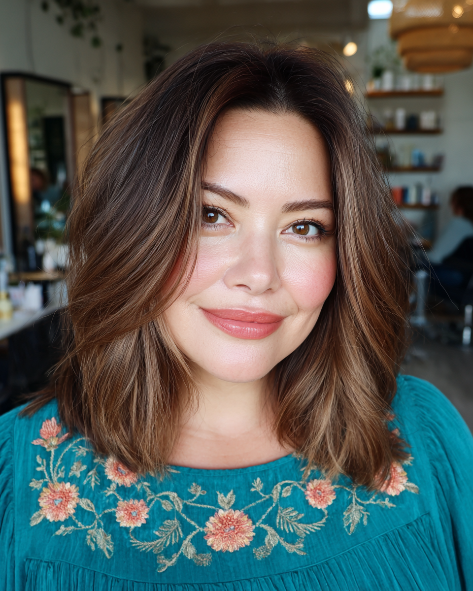 Soft brunette lob with subtle layers on shoulder-length hair, ideal for adding body and shape to short brunette hairstyles