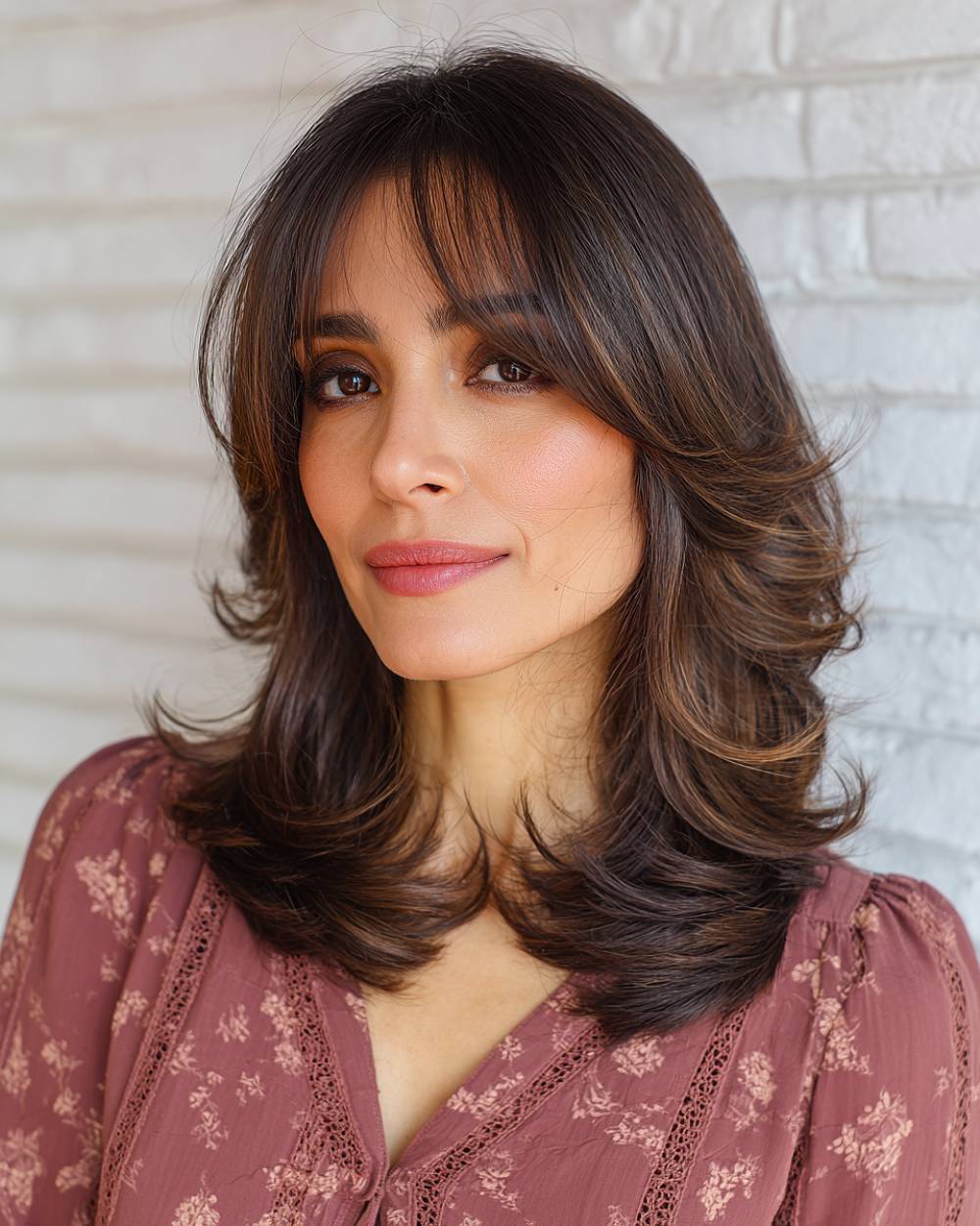 Soft butterfly haircut with wispy bangs featuring layered face-framing style and feathered ends for movement