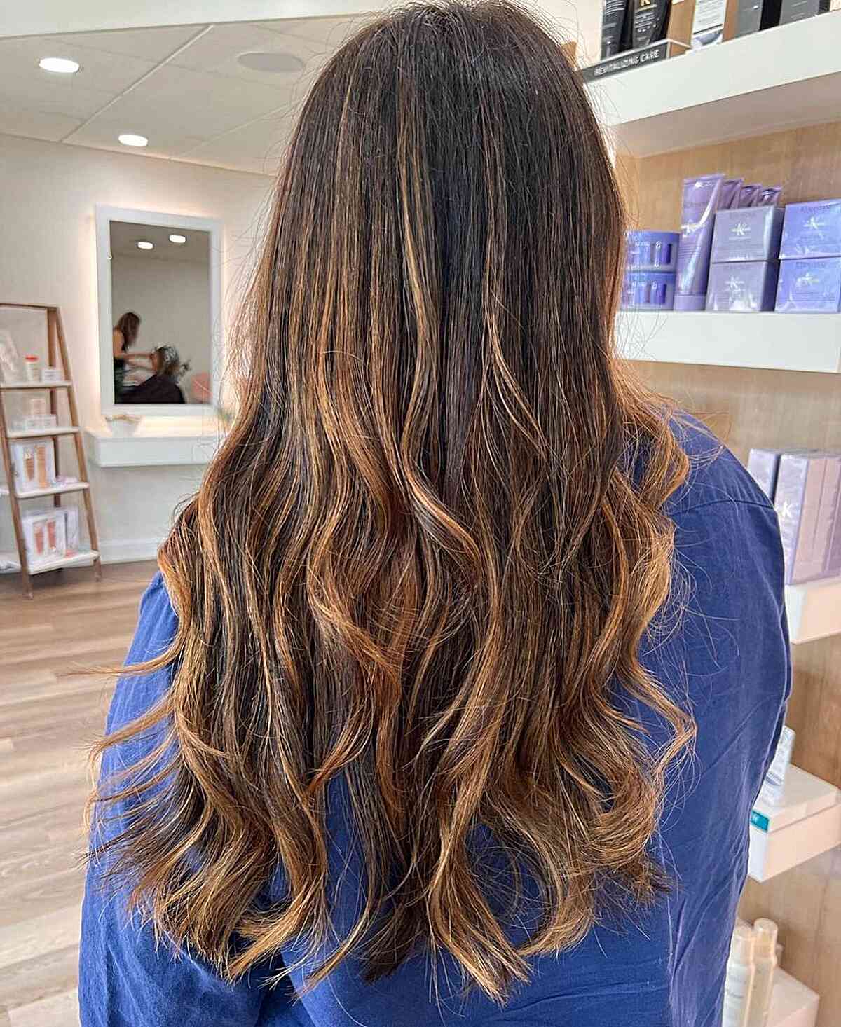 Soft Caramel Brown Ombre Balayage Highlights on Long Wavy Hair