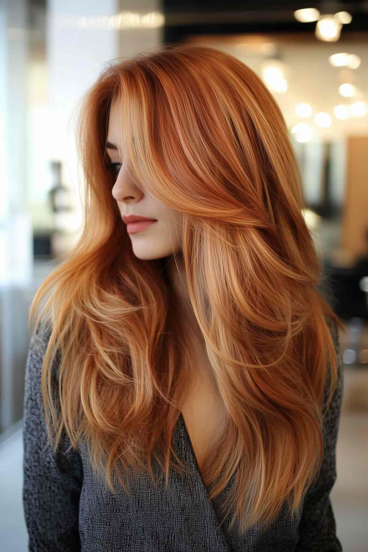 Side view of soft copper layers with face-framing highlights