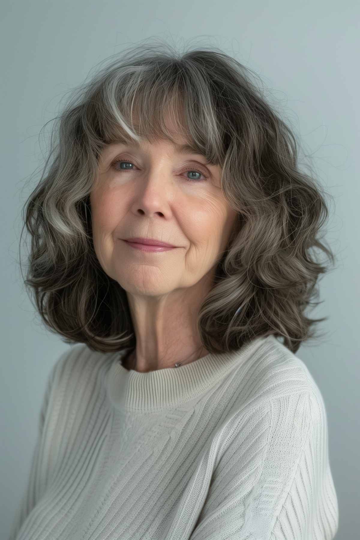 Shoulder-length grey hair with soft curls and fringe on a woman