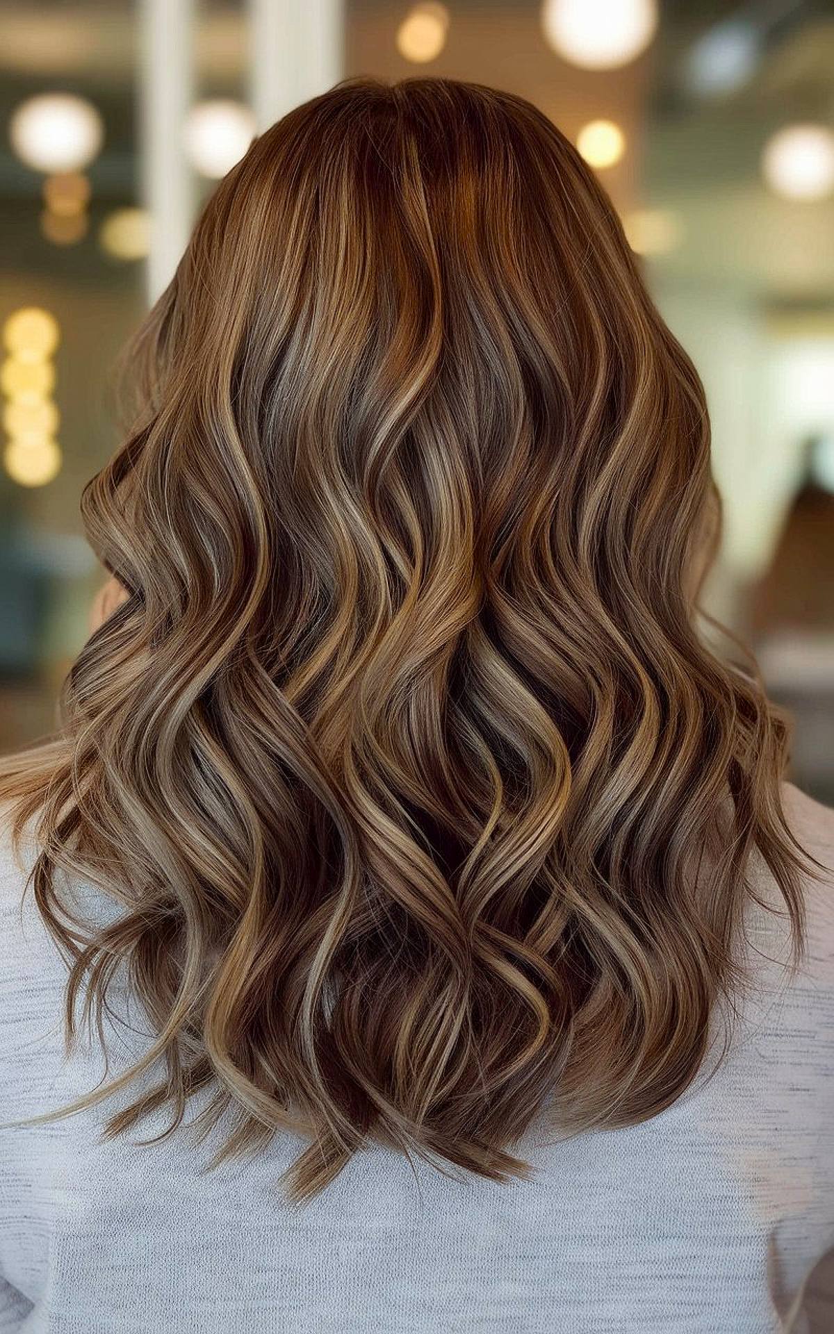 Medium-length hair styled in loose, soft curls with subtle highlights for added dimension