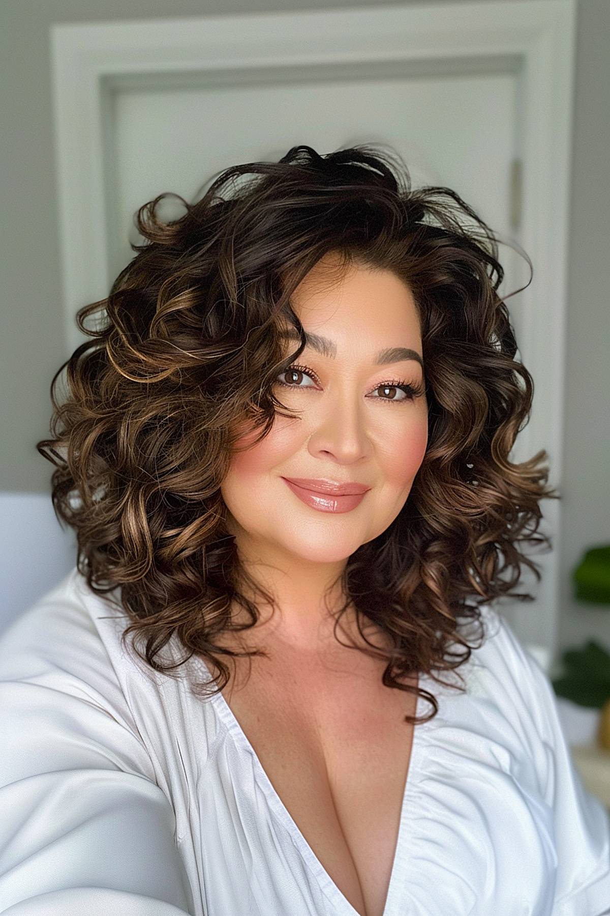 Curly hairstyle for round faces over 50