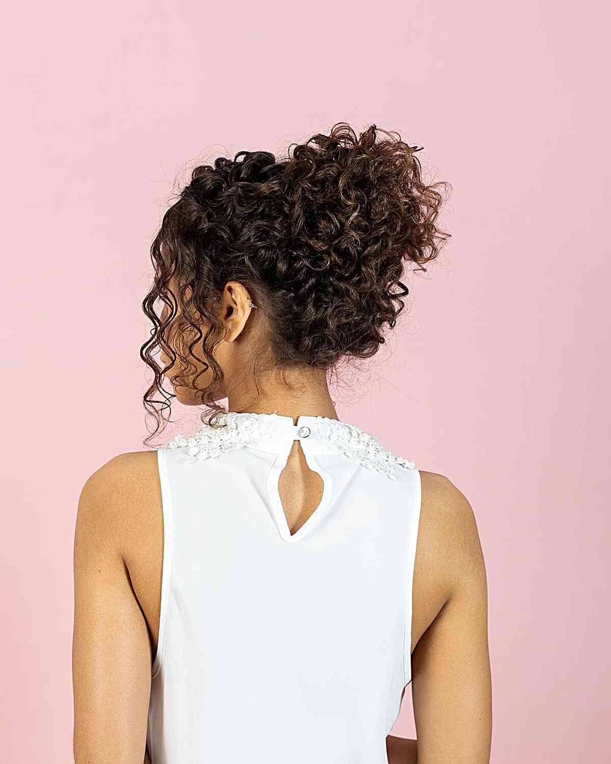 Soft Curly Top Bun Simple Updo Style