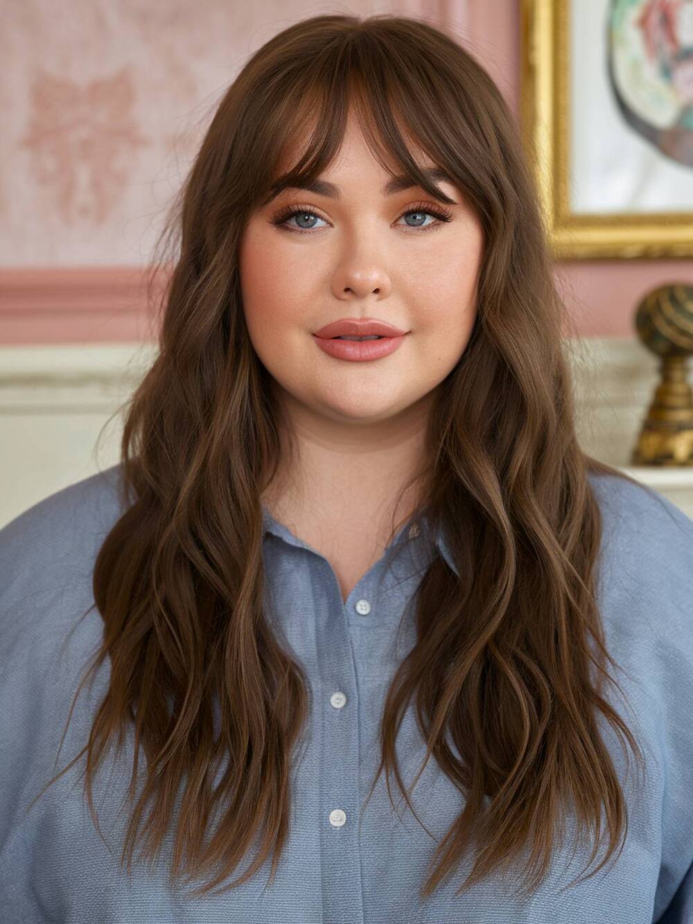 Soft curtain bangs paired with fine wavy hair, creating a lightweight, face-framing style for round faces