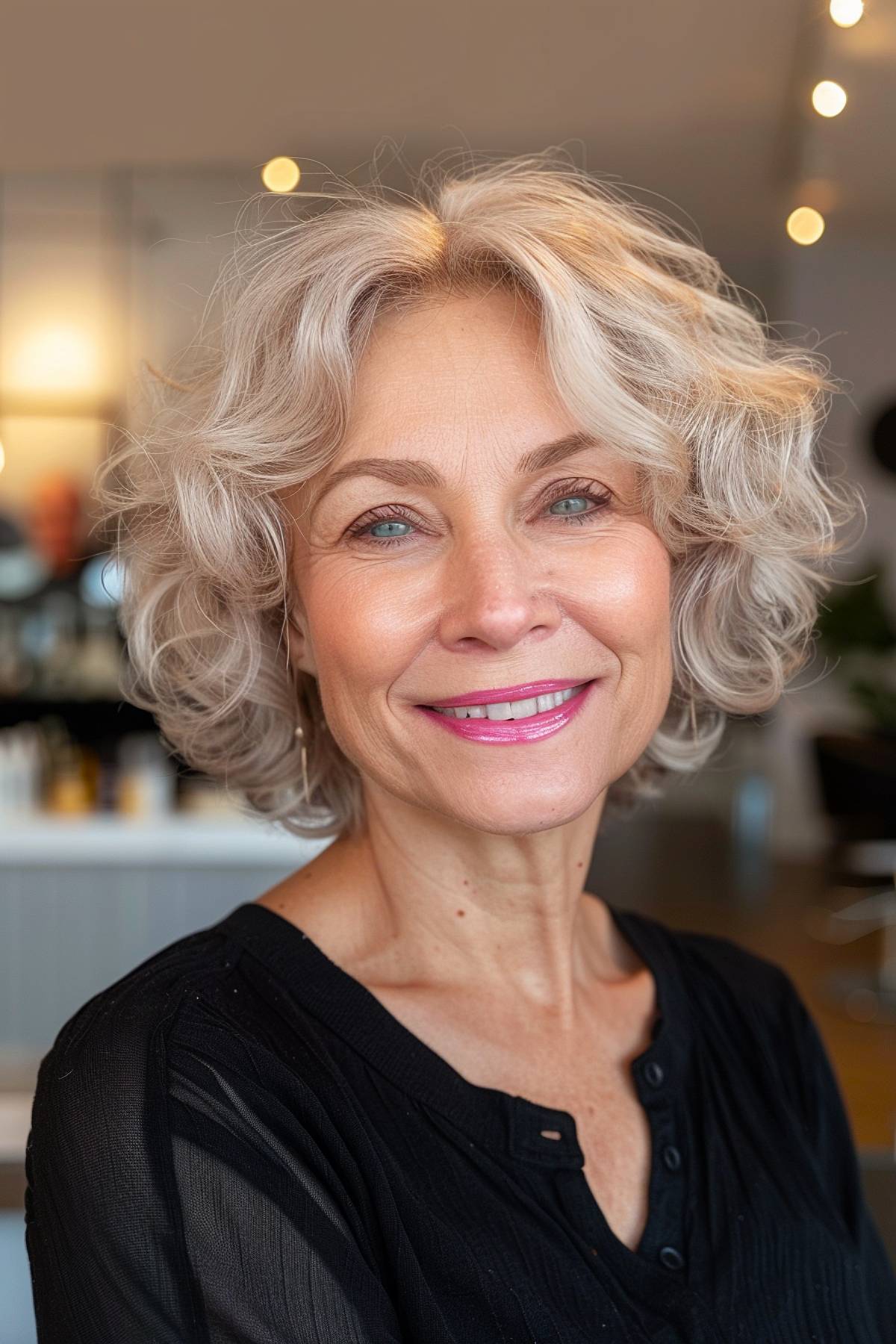 Curly bob for older women with fine hair and lightweight loose curls