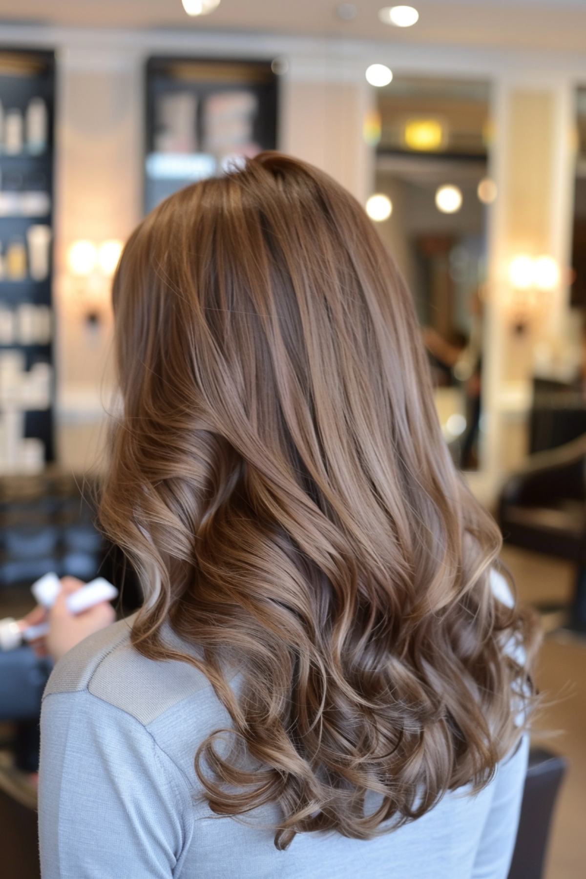 Woman with soft golden brown wavy balayage hairstyle