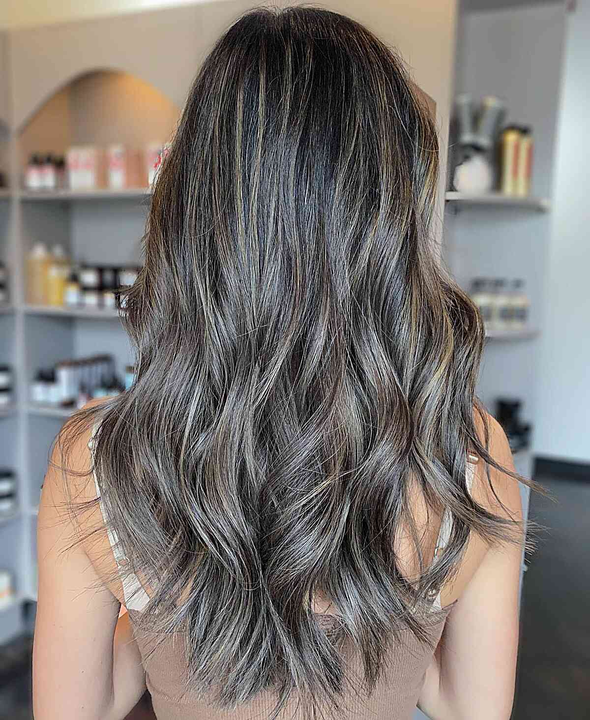 Soft Grey Balayage Foilayage for Dark Hair with Long Waves