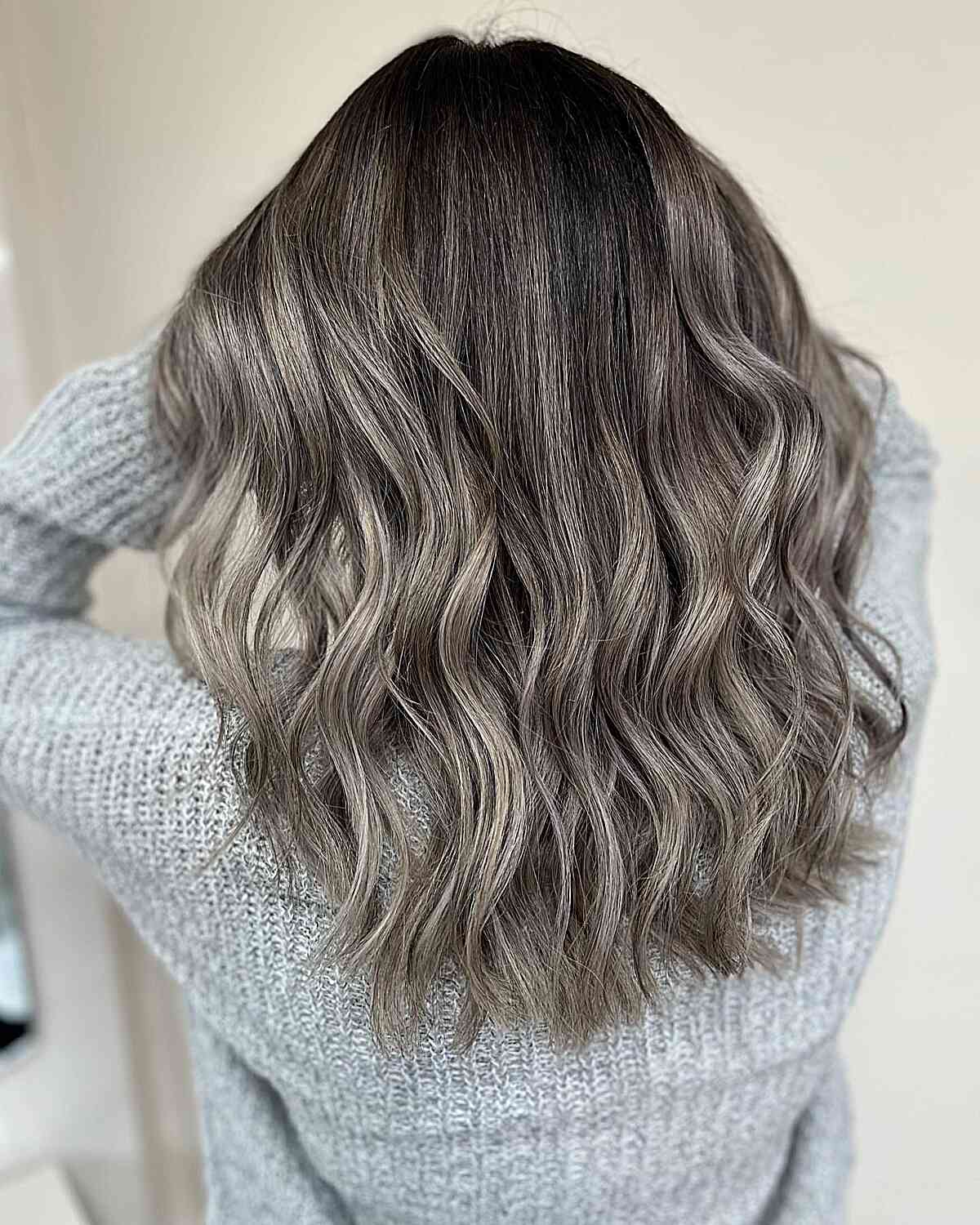 Medium-Length Soft Grey Wavy Balayage Hair with Dark Roots