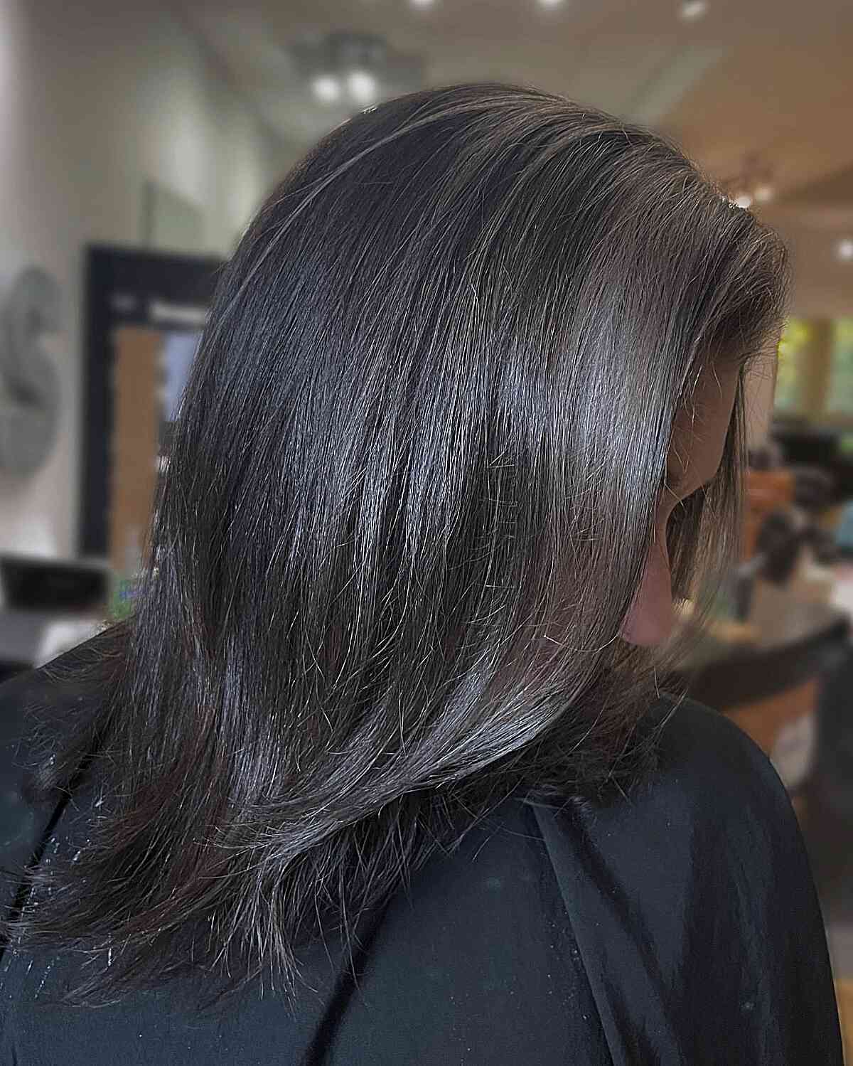 Soft Grey Blending on Dark Shoulder-Length Hair