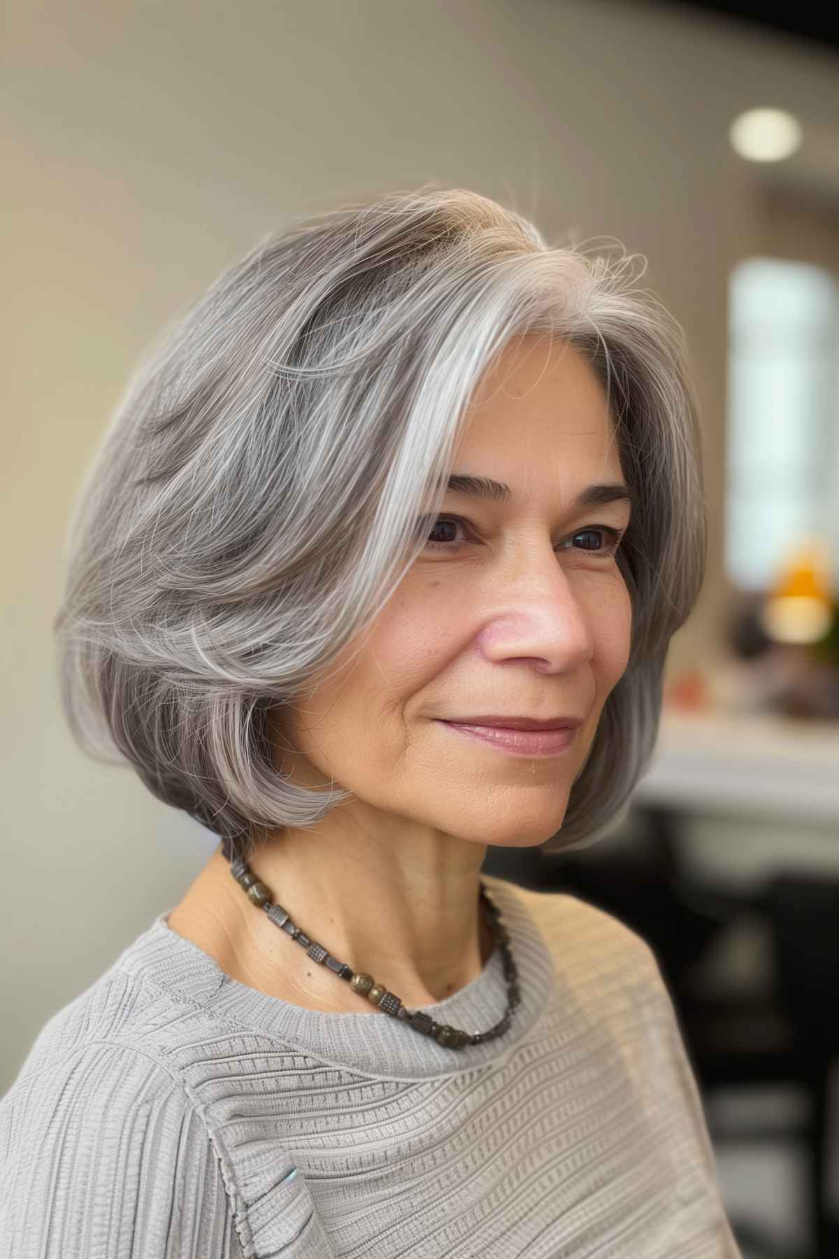 Mid-length soft grey layered hair, perfect for fine to medium hair types