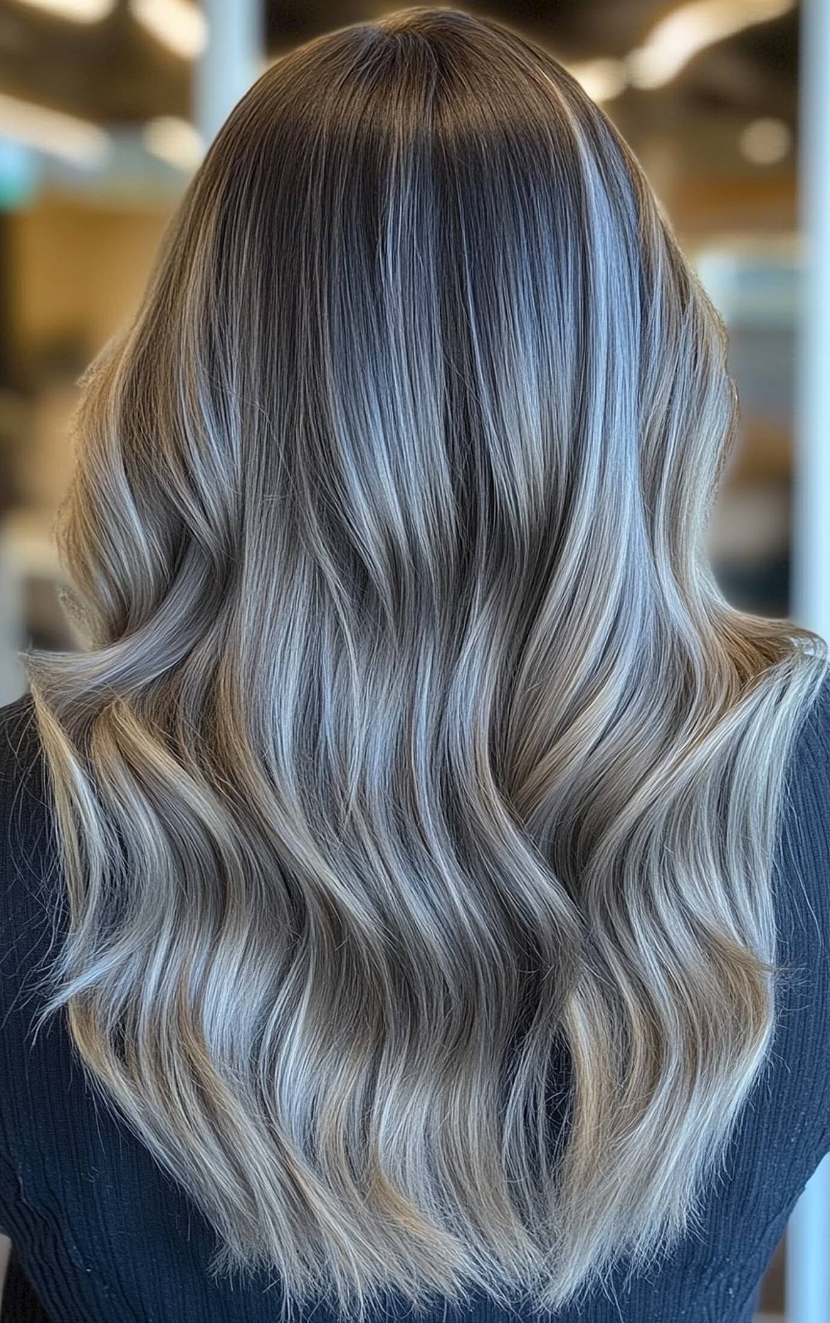 Long wavy ash blonde hairstyle for blending grey hair naturally