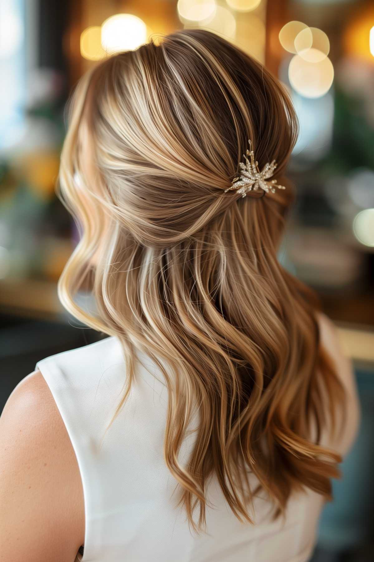 Soft half-up hairstyle for blonde hair with waves and a pearl hairpin