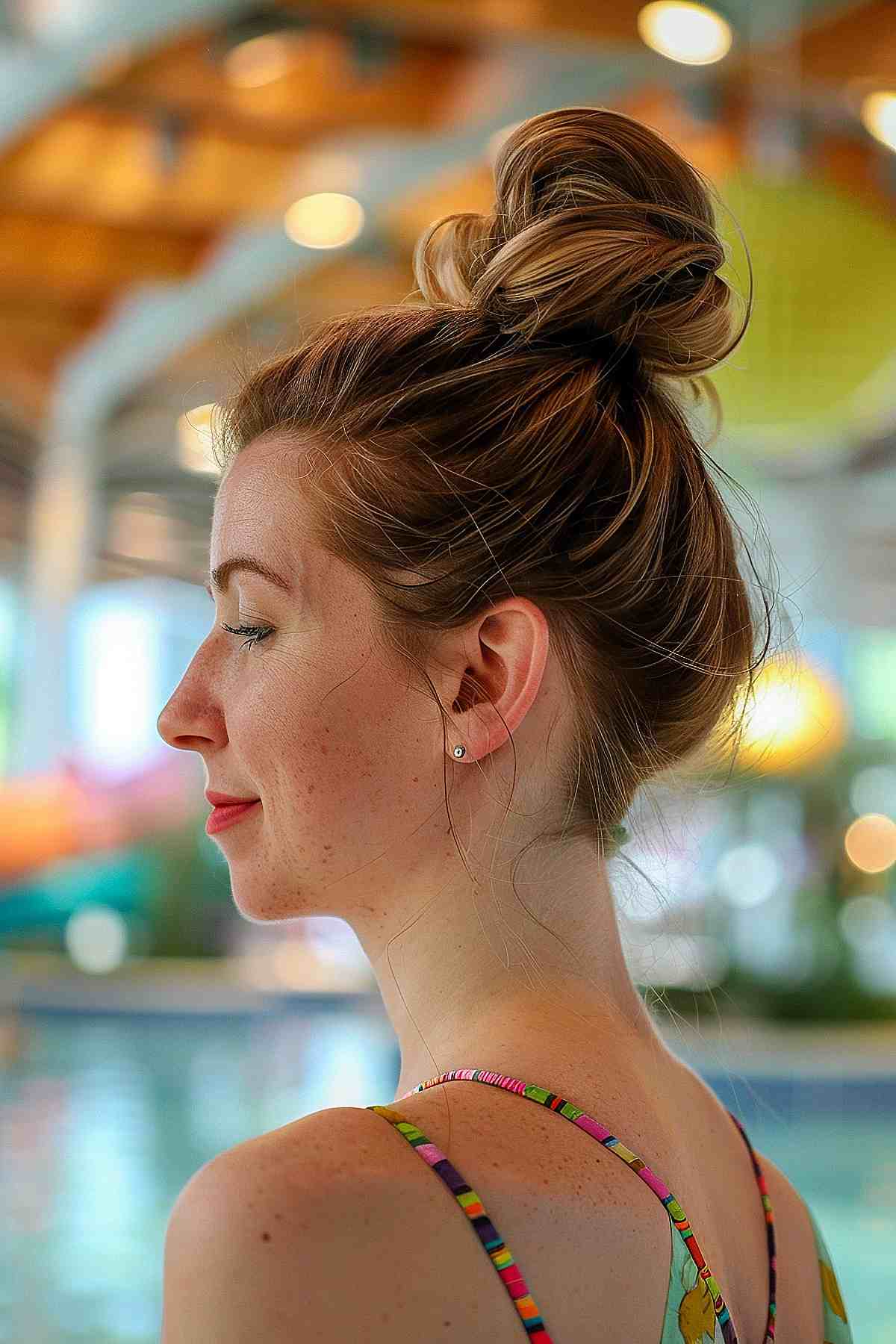 Side view of a woman with a soft high bun, ideal for medium to long hair and perfect for a quick, secure hairstyle at the waterpark