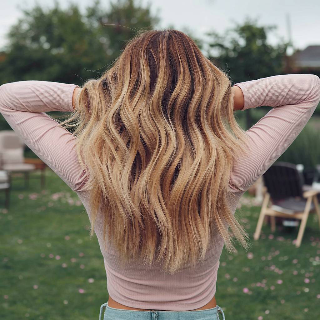 Wavy honey blonde balayage on long hair, blending warm blonde tones for a soft spring transition