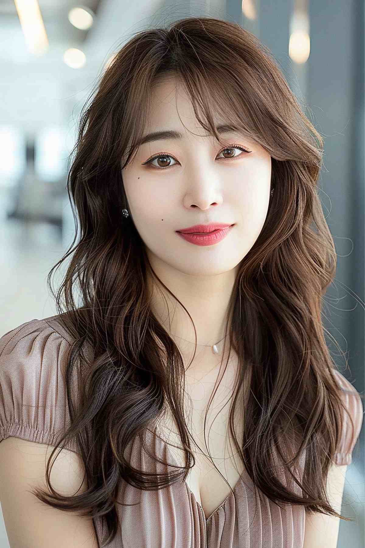 Woman with soft Korean-style waves and wispy bangs