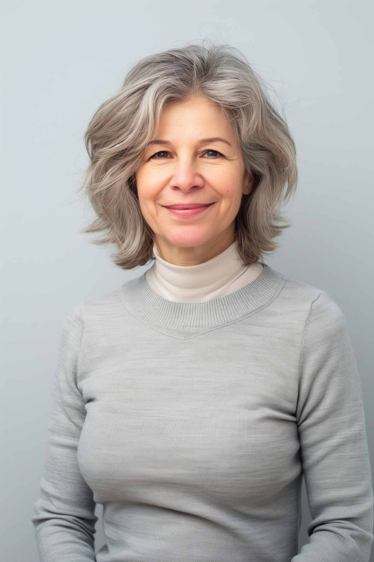 Woman with a soft layered bob haircut, neck-length, side part, natural grey hair