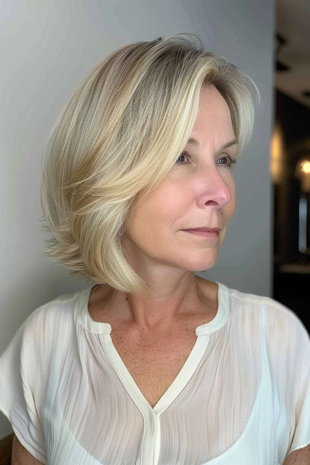 Soft modern layered bob with golden and platinum blonde highlights on a woman over 50, styled with soft curls for a youthful, vibrant look.