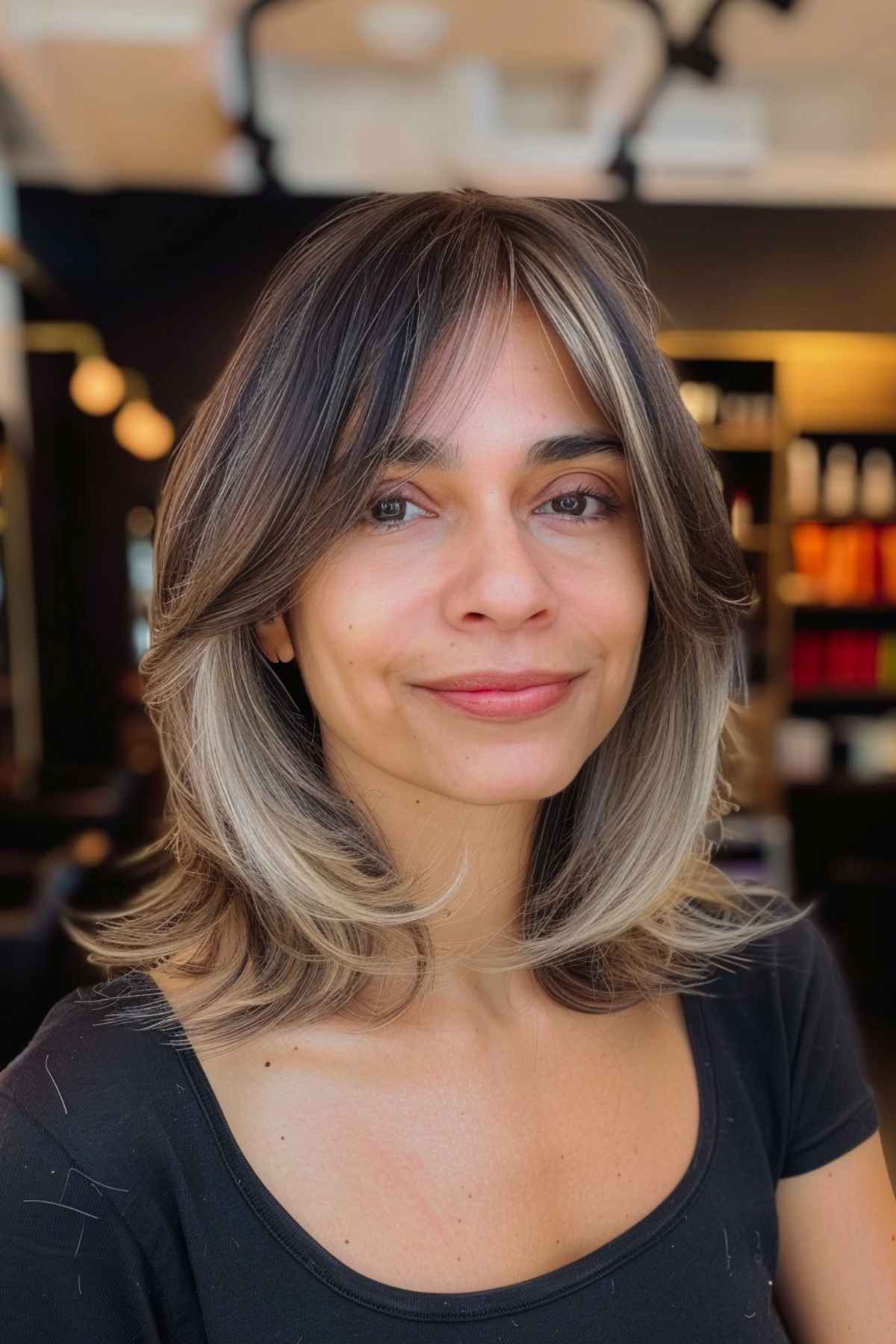 Soft layered medium-length cut with highlights and curtain bangs