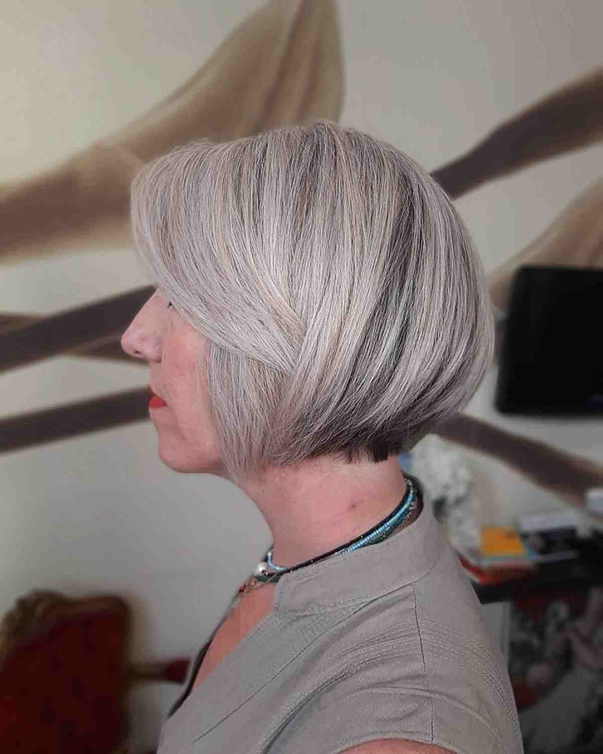 Soft Light Grey Stacked Bob with Dark Roots